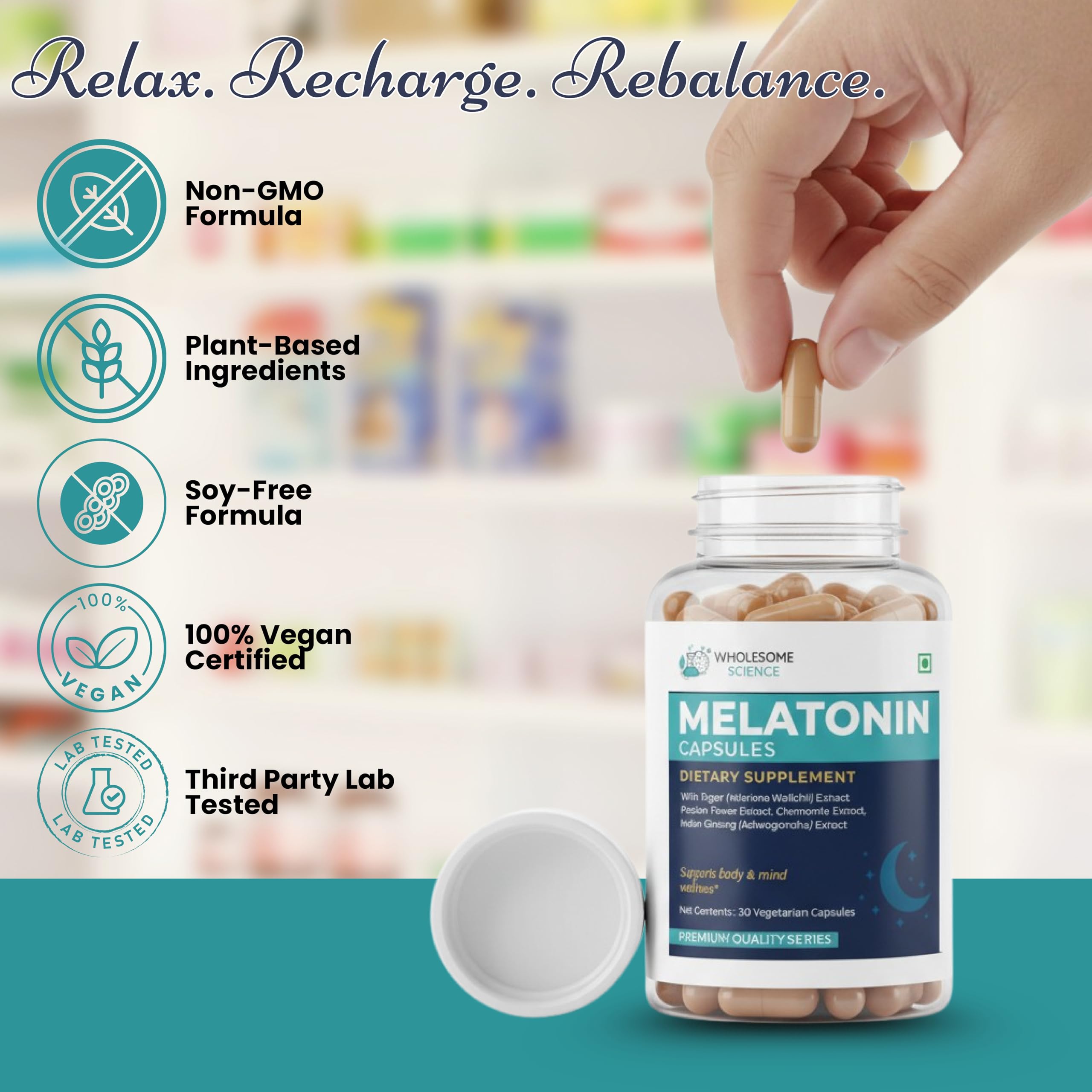WHOLESOME SCIENCE Melatonin 10 mg Capsules with ingredients list on packaging
