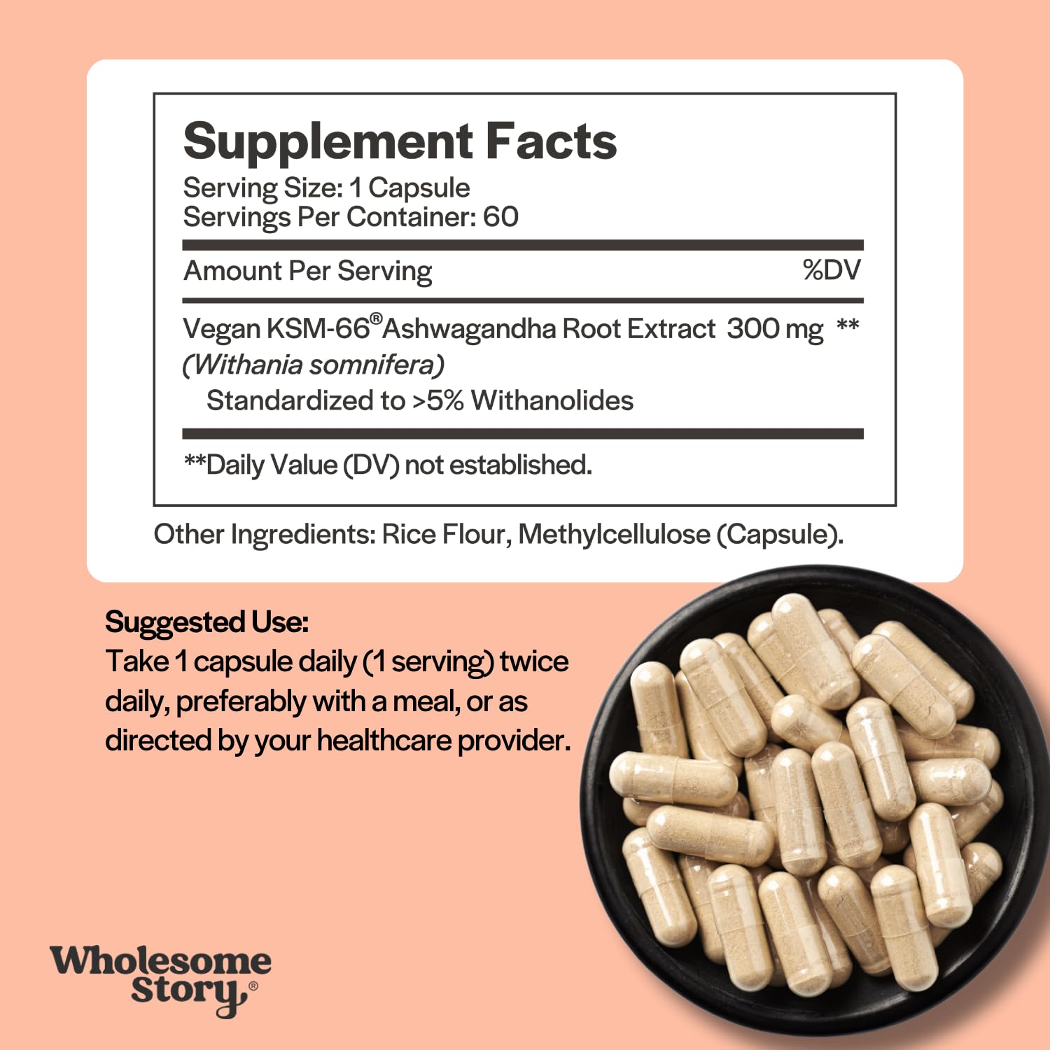 Wholesome Story Ashwagandha Capsules 300mg with capsules on a wooden surface