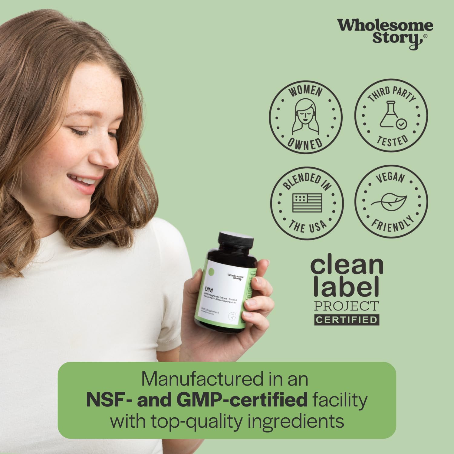 Wholesome Story DIM + Pomegranate Supplement bottle with a measuring spoon