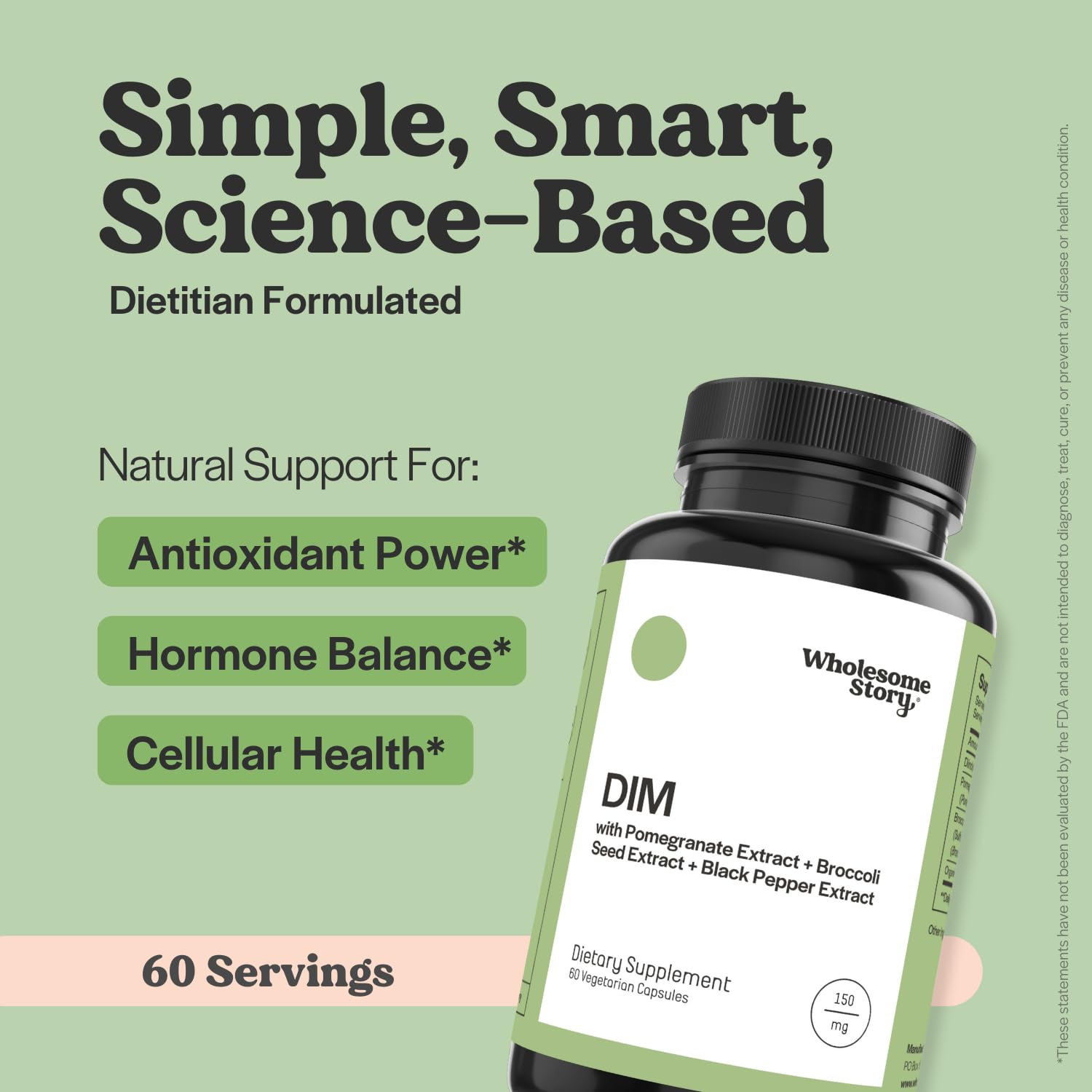 Wholesome Story DIM + Pomegranate Supplement capsules on a wooden surface