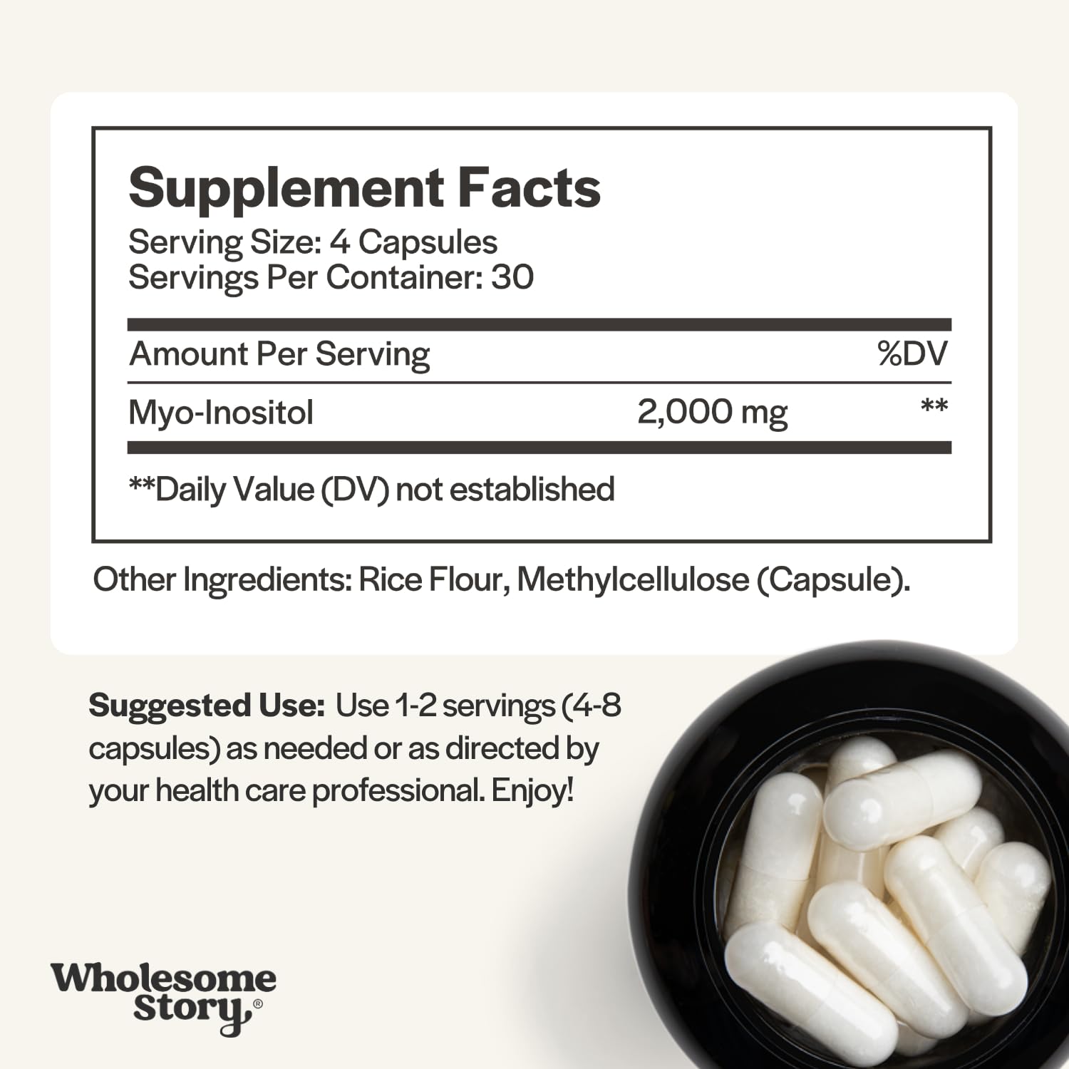 Wholesome Story Myo-Inositol 132g vegan capsules side view