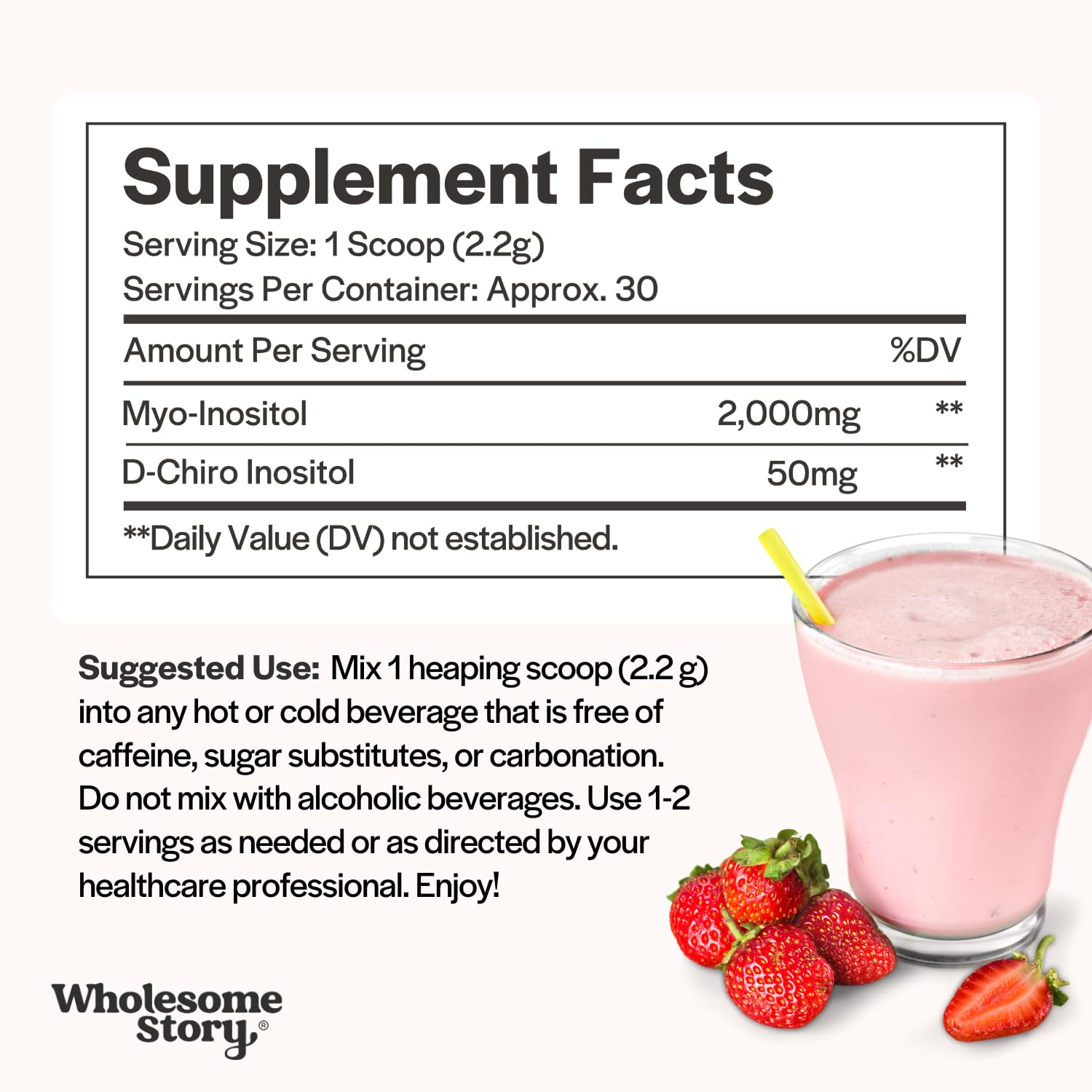 Wholesome Story Myo-Inositol Powder back view with nutritional information