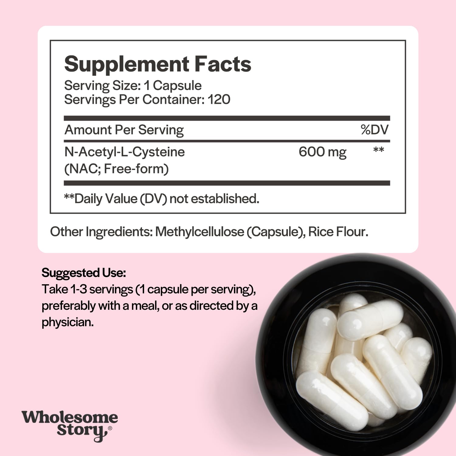 Wholesome Story N-Acetyl-L-Carnitine capsules in a hand