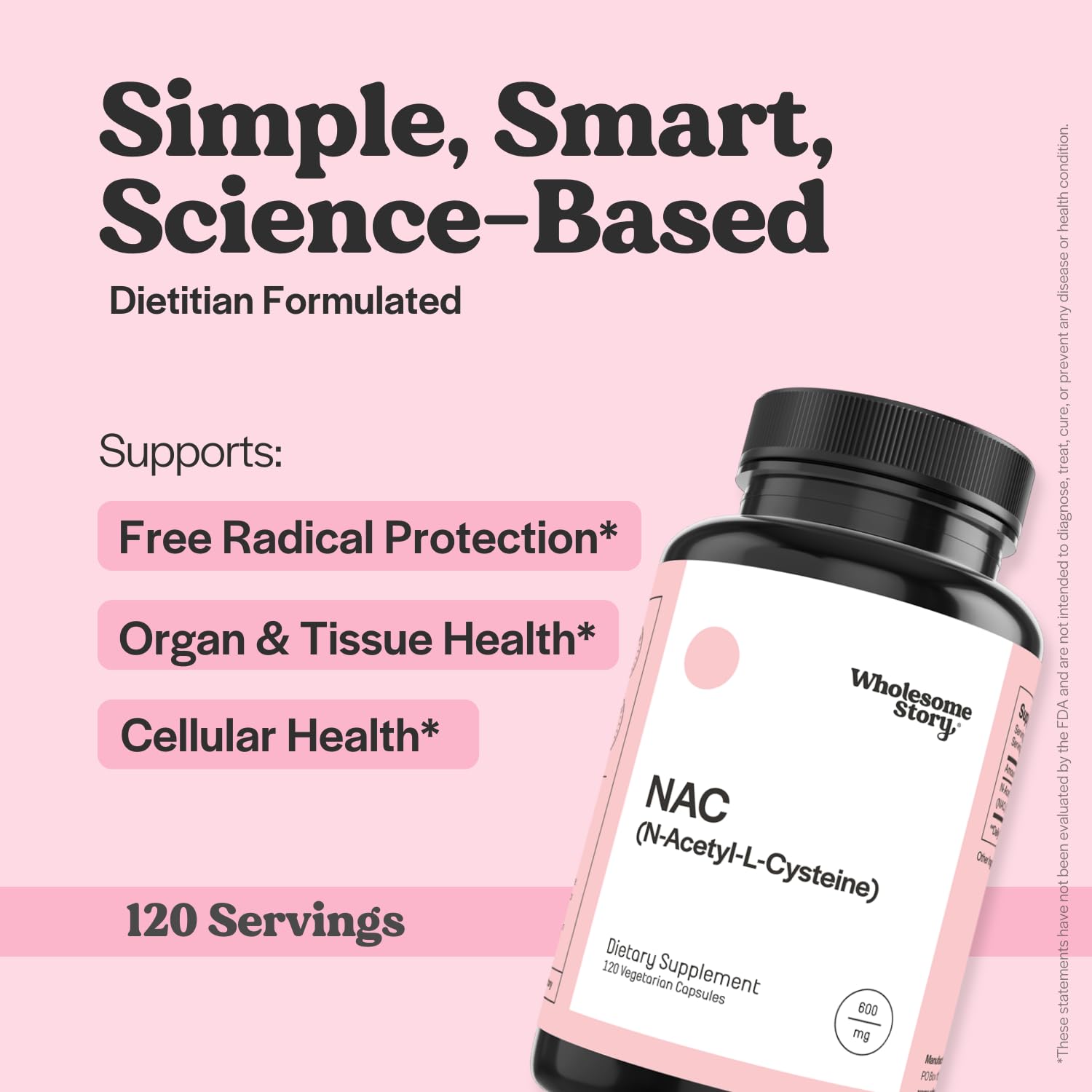 Wholesome Story N-Acetyl-L-Carnitine supplement bottle side view