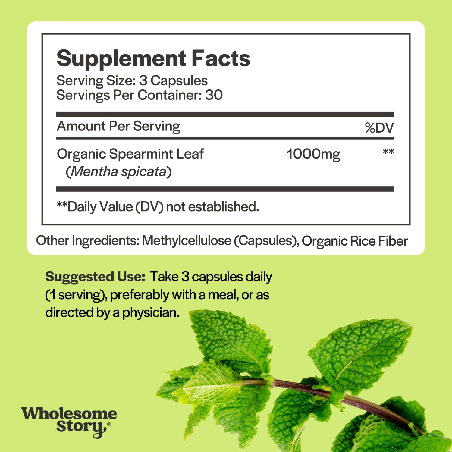 Wholesome Story Vegan Spearmint Capsules opened bottle showing capsules