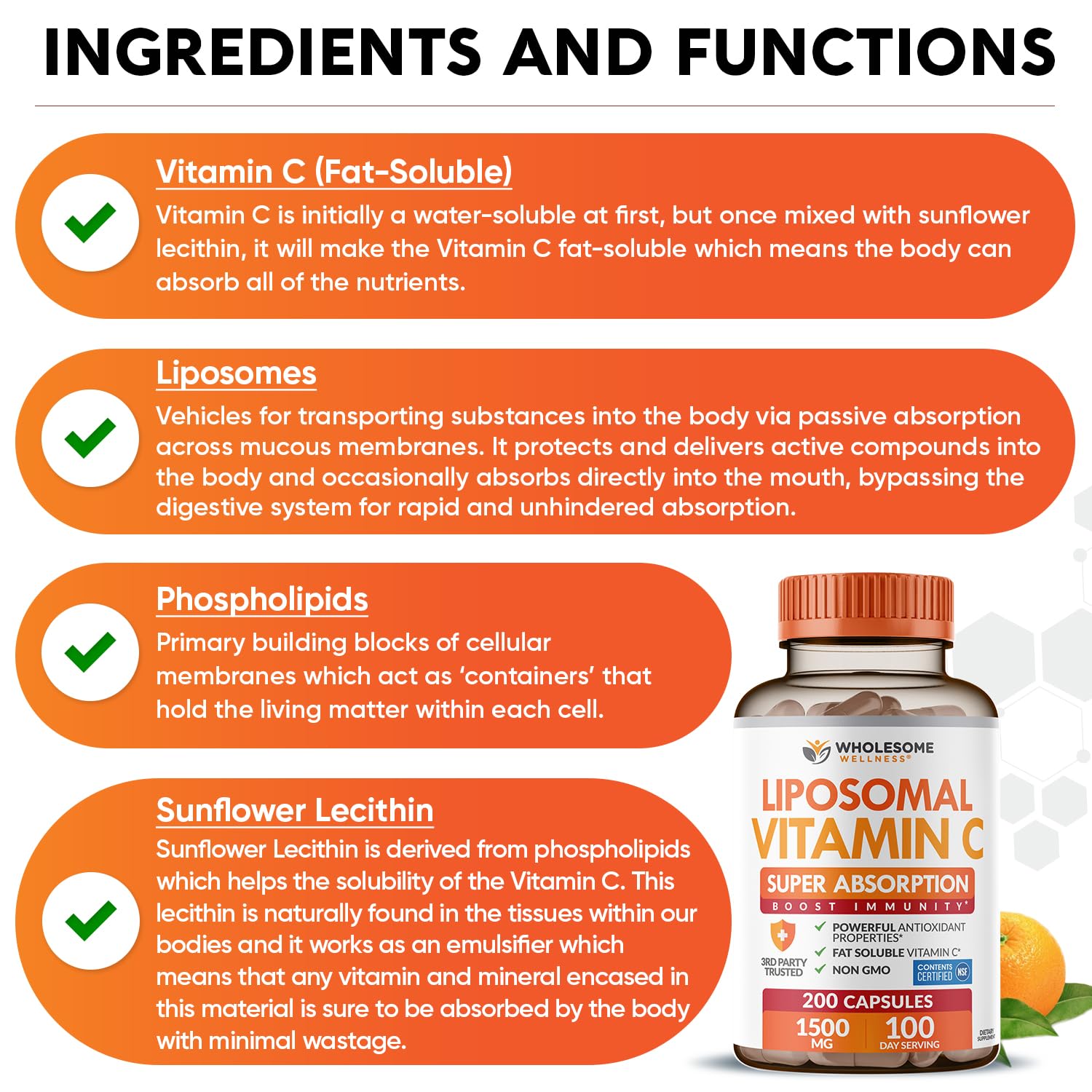 Wholesome Wellness Liposomal Vitamin C 1500mg label details