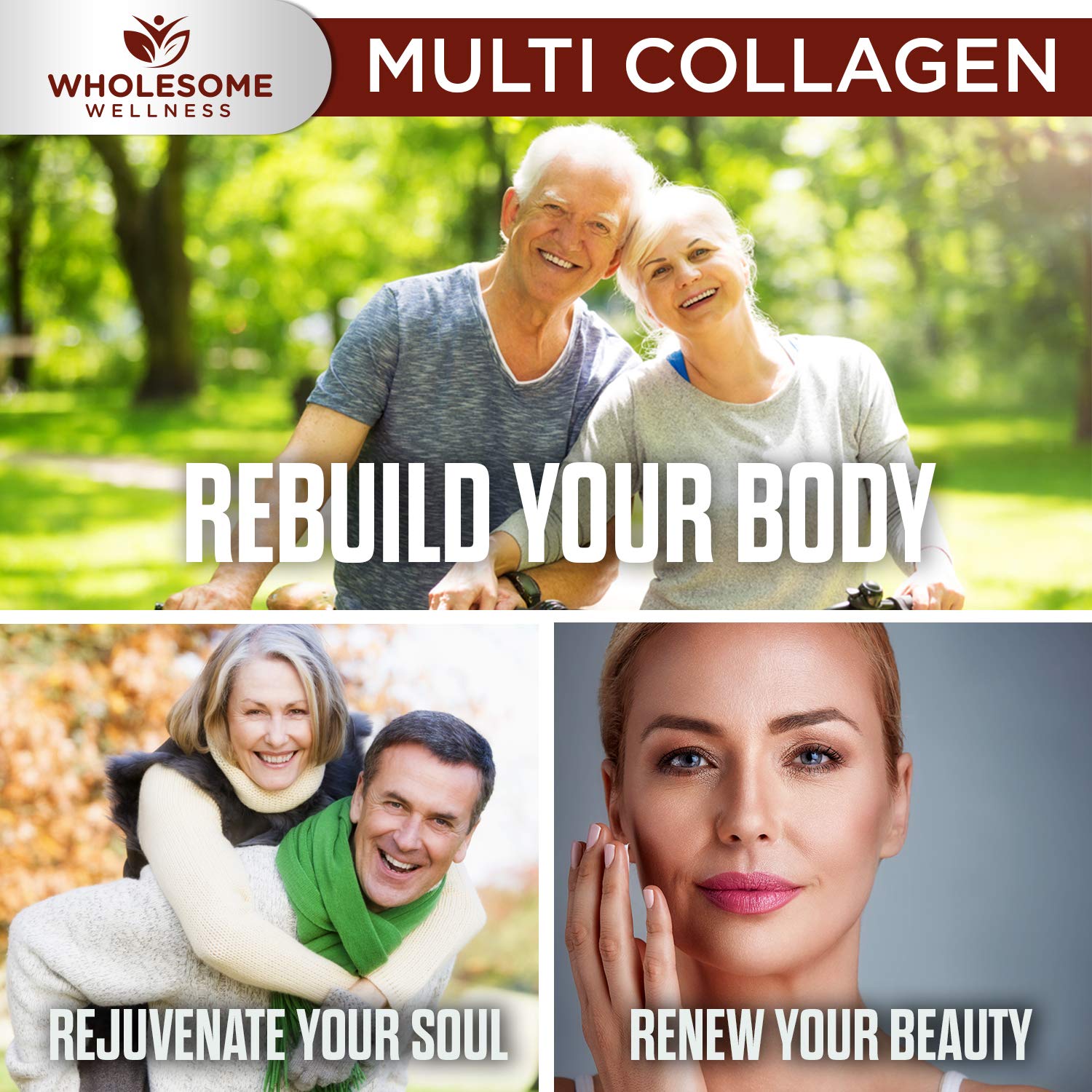 Wholesome Wellness Multi Collagen Capsules 100g on a wooden table