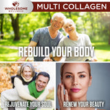 Wholesome Wellness Multi Collagen Capsules 100g on a wooden table