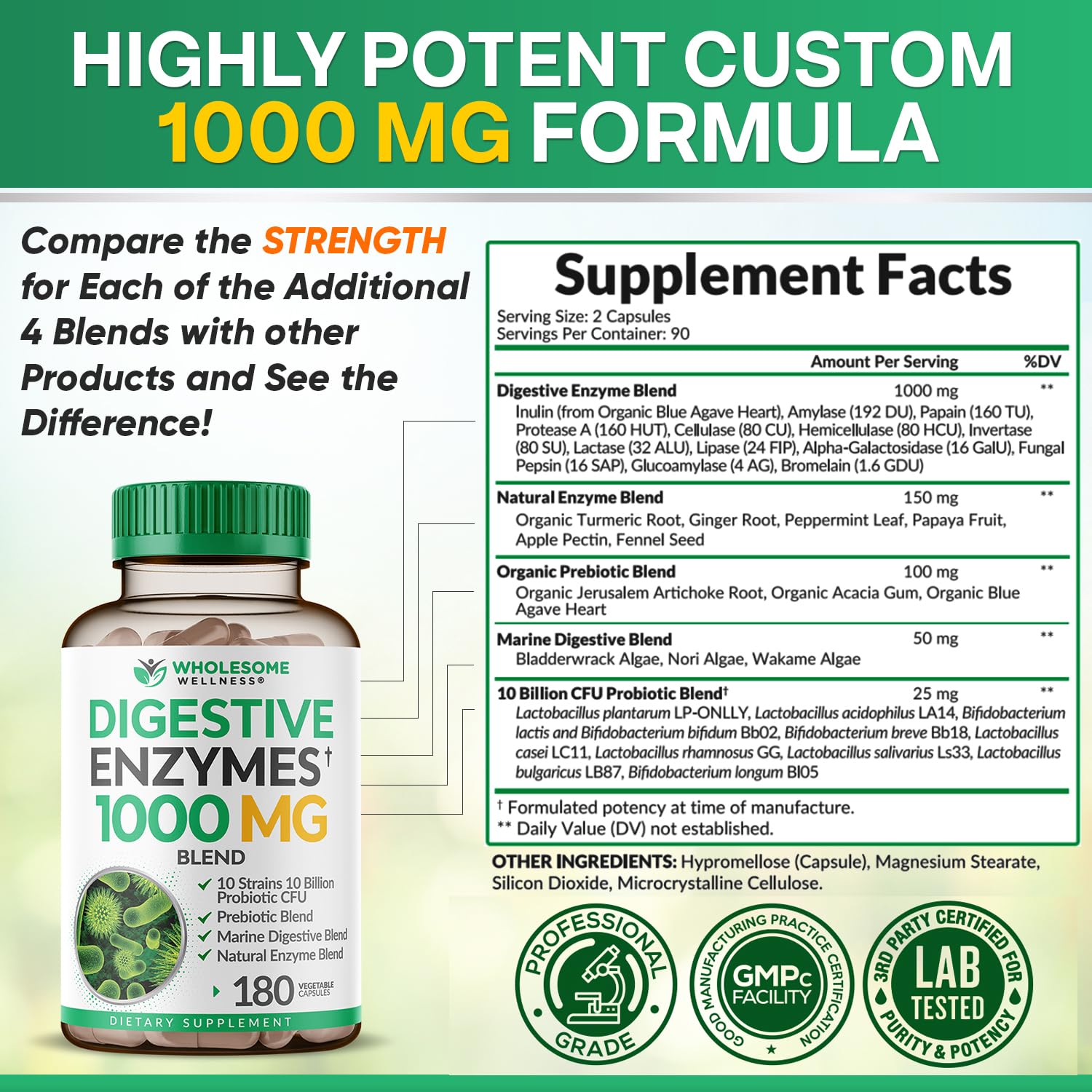 Wholesome Wellness Multi-Enzyme Supplement 1000 MG capsules in a hand