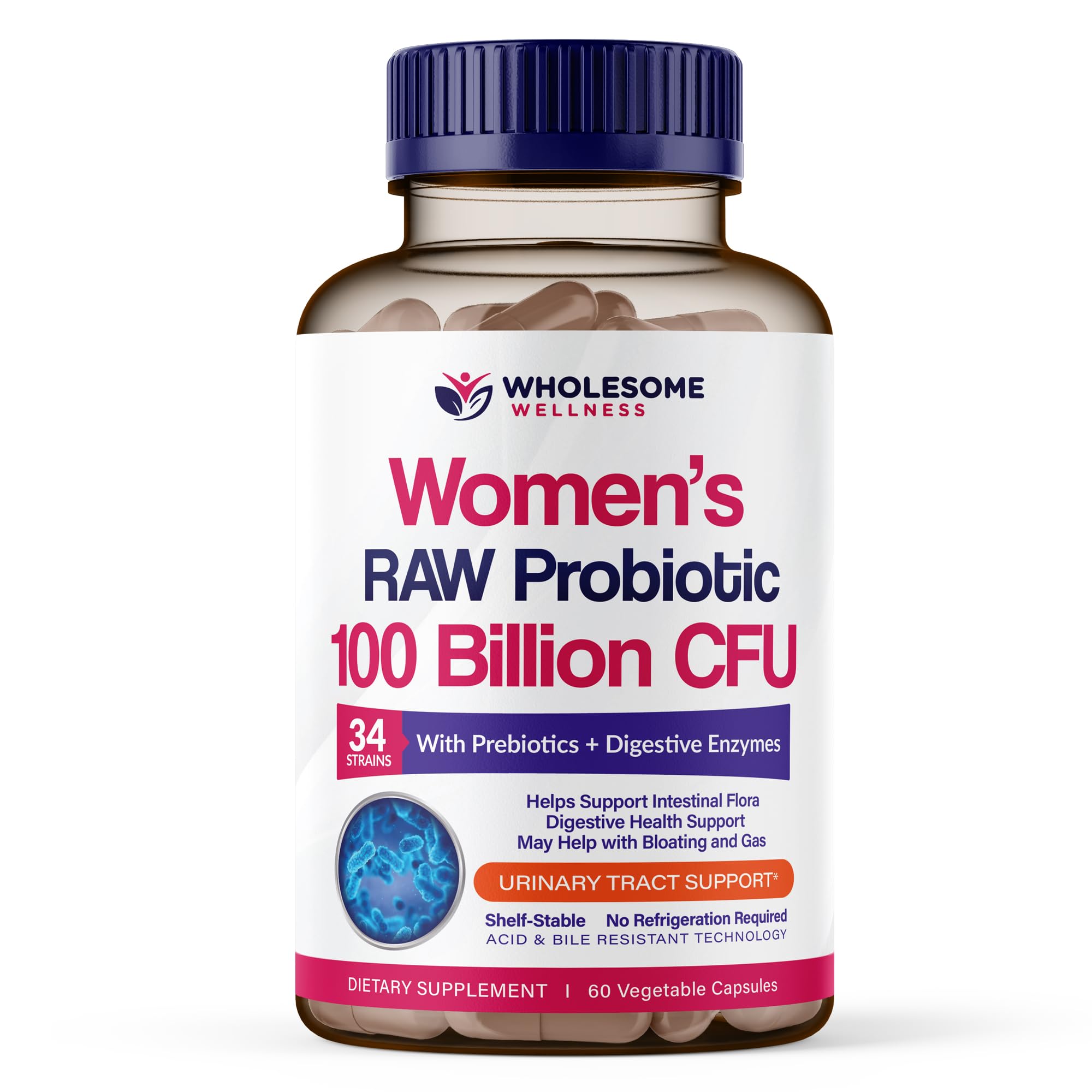 Wholesome Wellness Probiotic Blend 100 Billion CFU 60 Capsules front view
