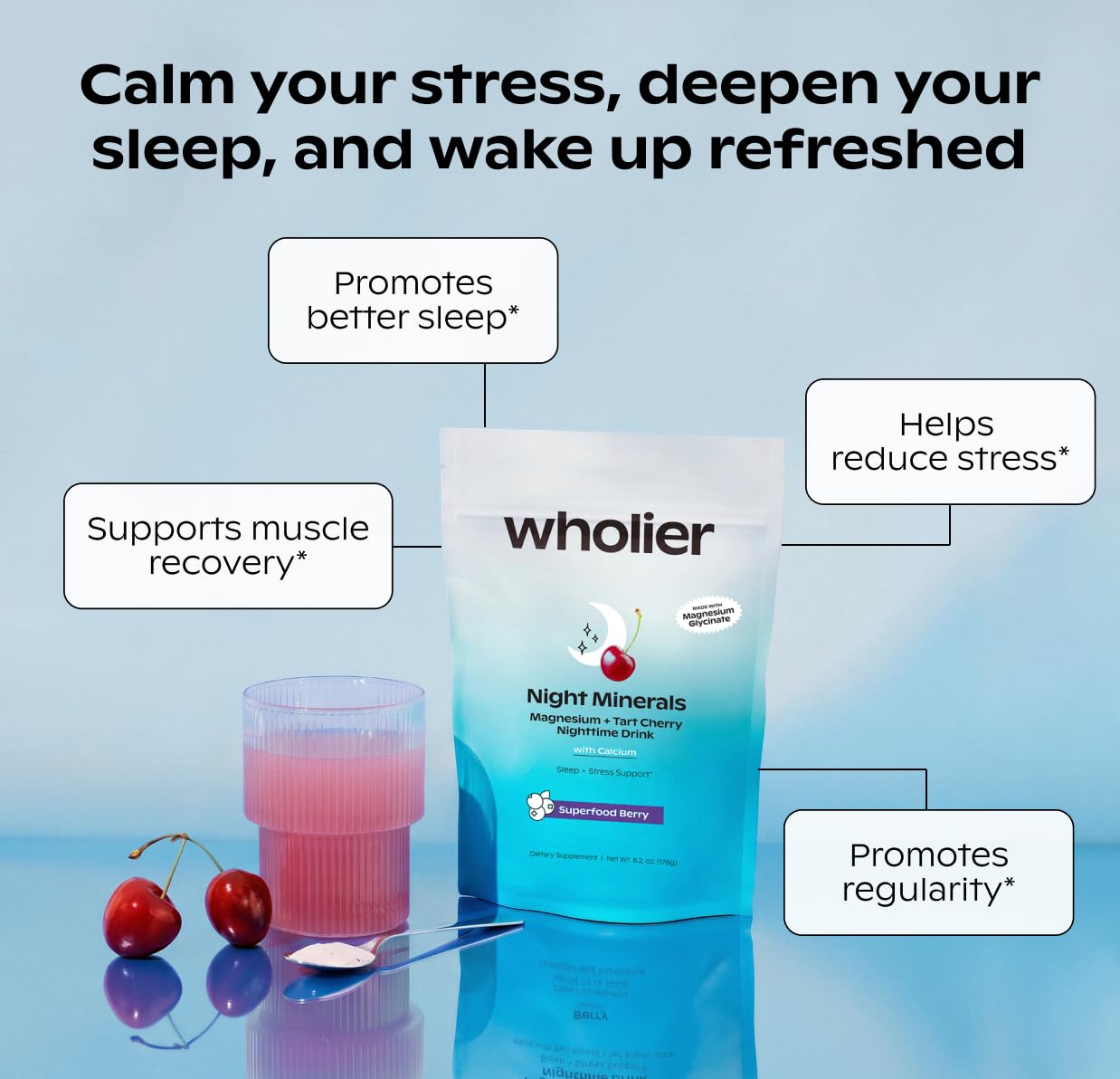 wholier Night Minerals Magnesium Drink Mix 227g berry flavour powder scoop