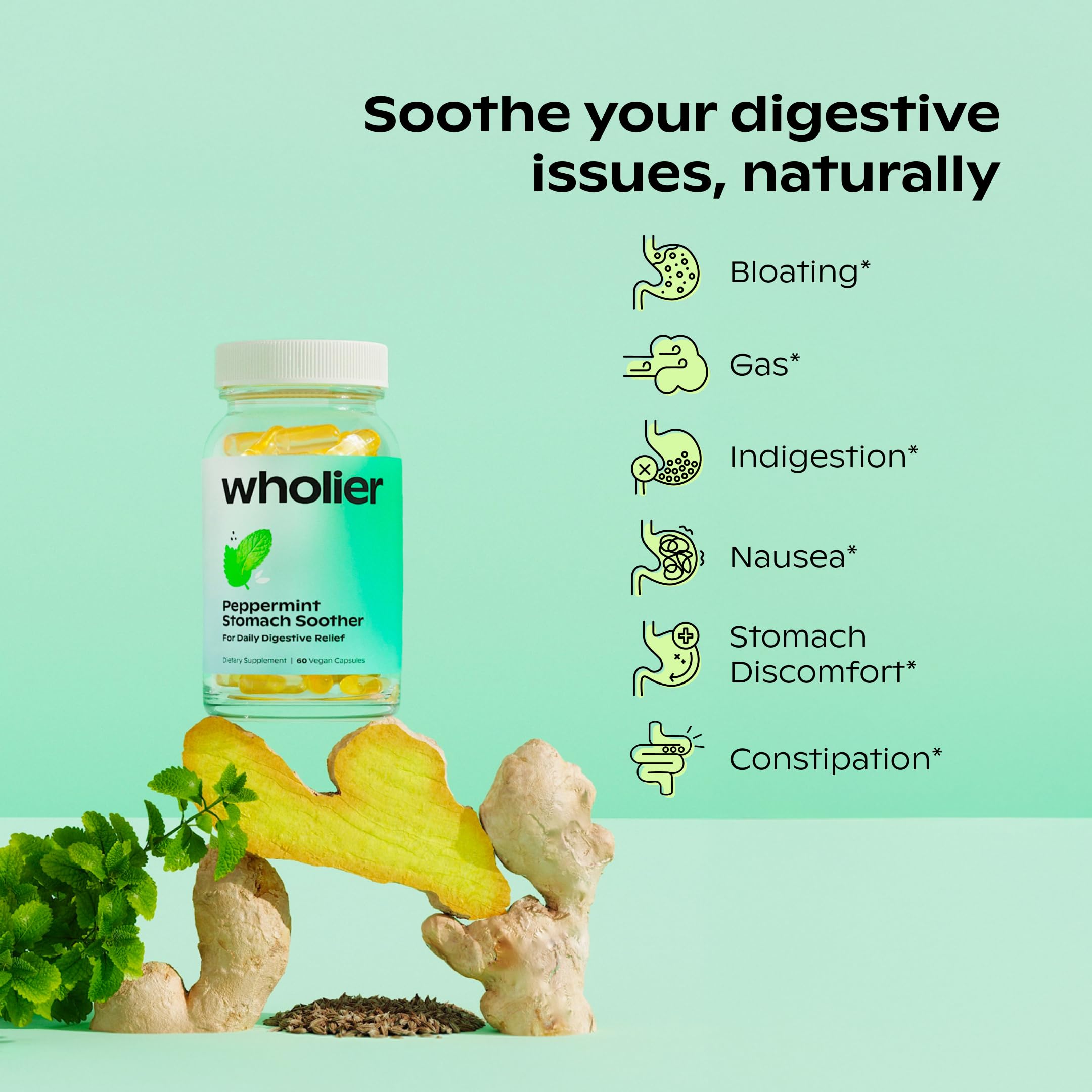 wholier Peppermint Stomach Soother bottle side view