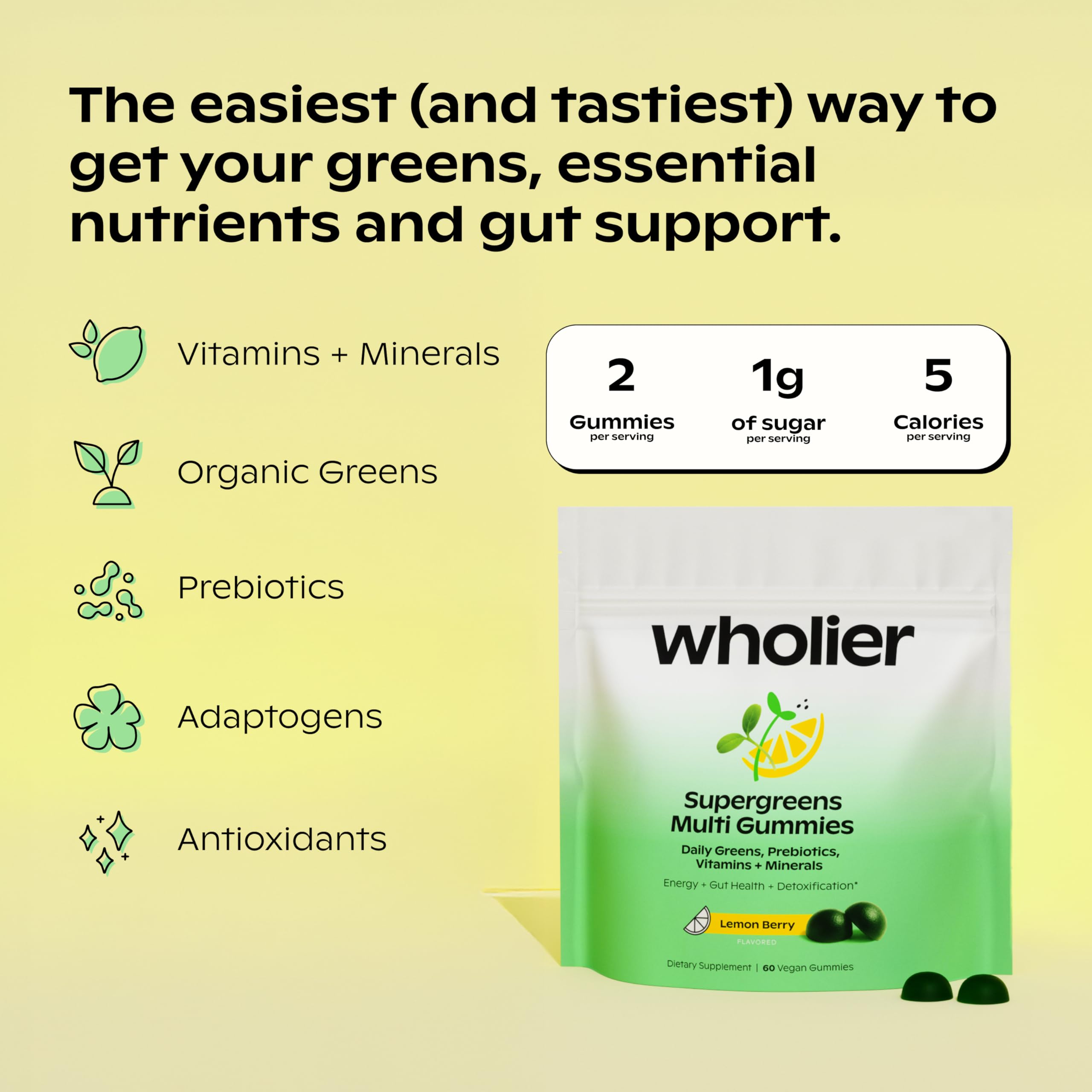 wholier Supergreens Multi Gummies back view showing ingredients