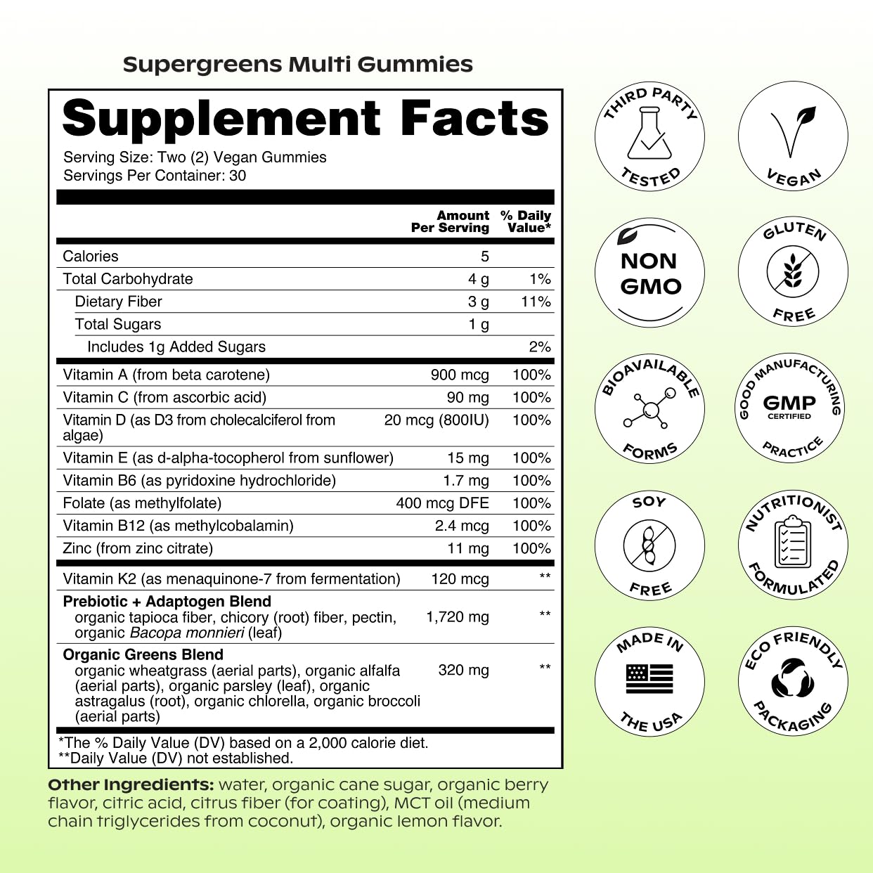 wholier Supergreens Multi Gummies displayed with a measuring spoon