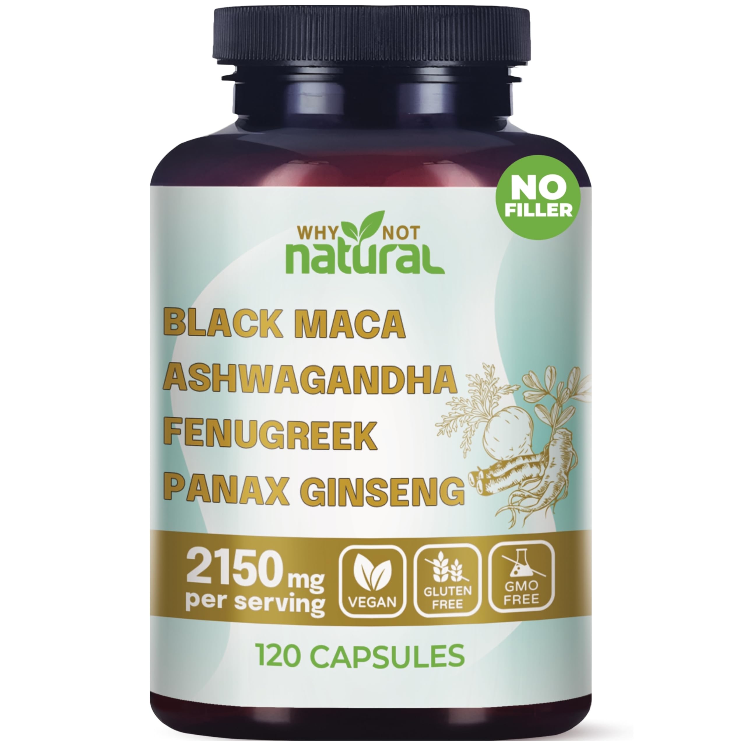 Why Not Natural 4-in-1 Organic Black Maca Root Ashwagandha Capsules front view