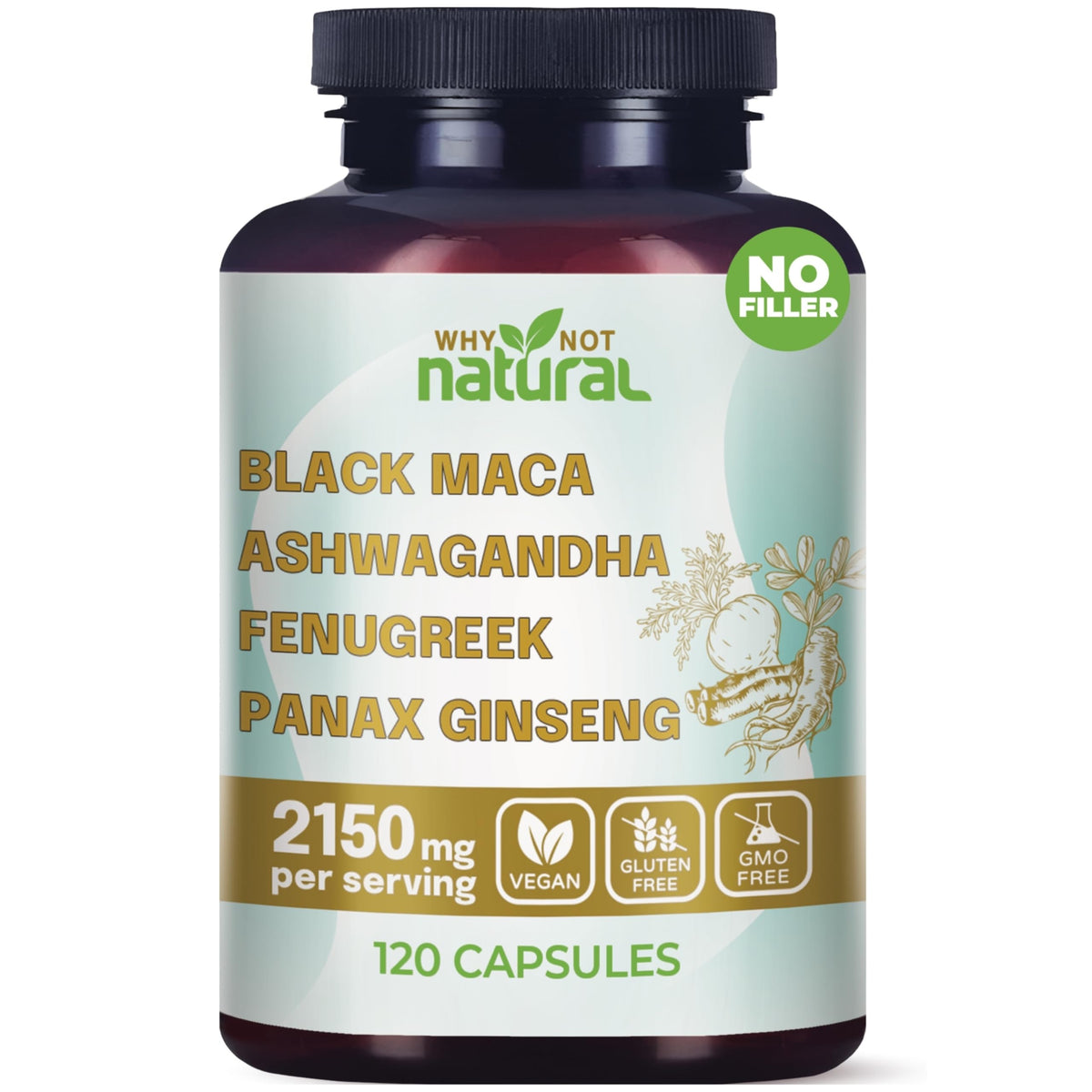 Why Not Natural 4-in-1 Organic Black Maca Root Ashwagandha Capsules front view