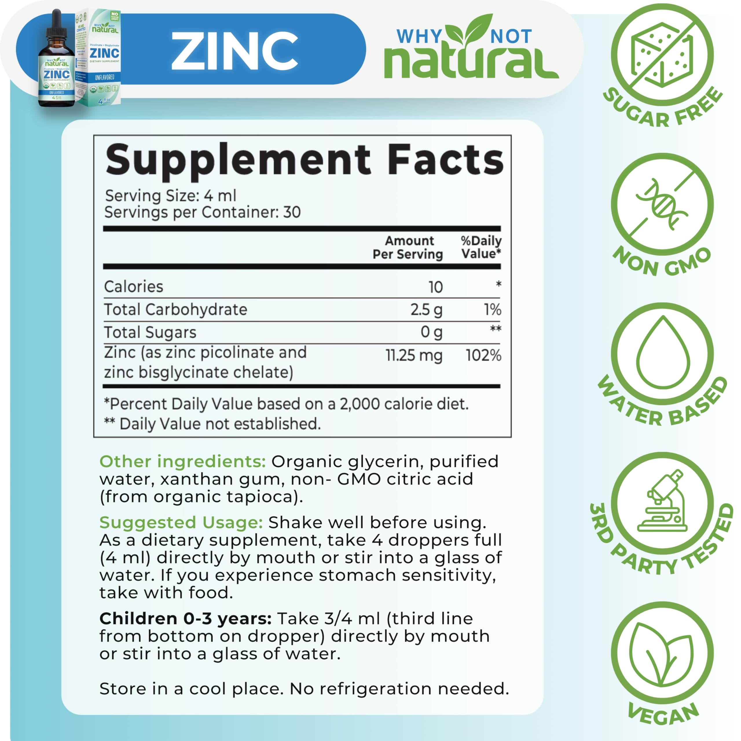 Why Not Natural Liquid Zinc Supplement 338mg with measuring spoon