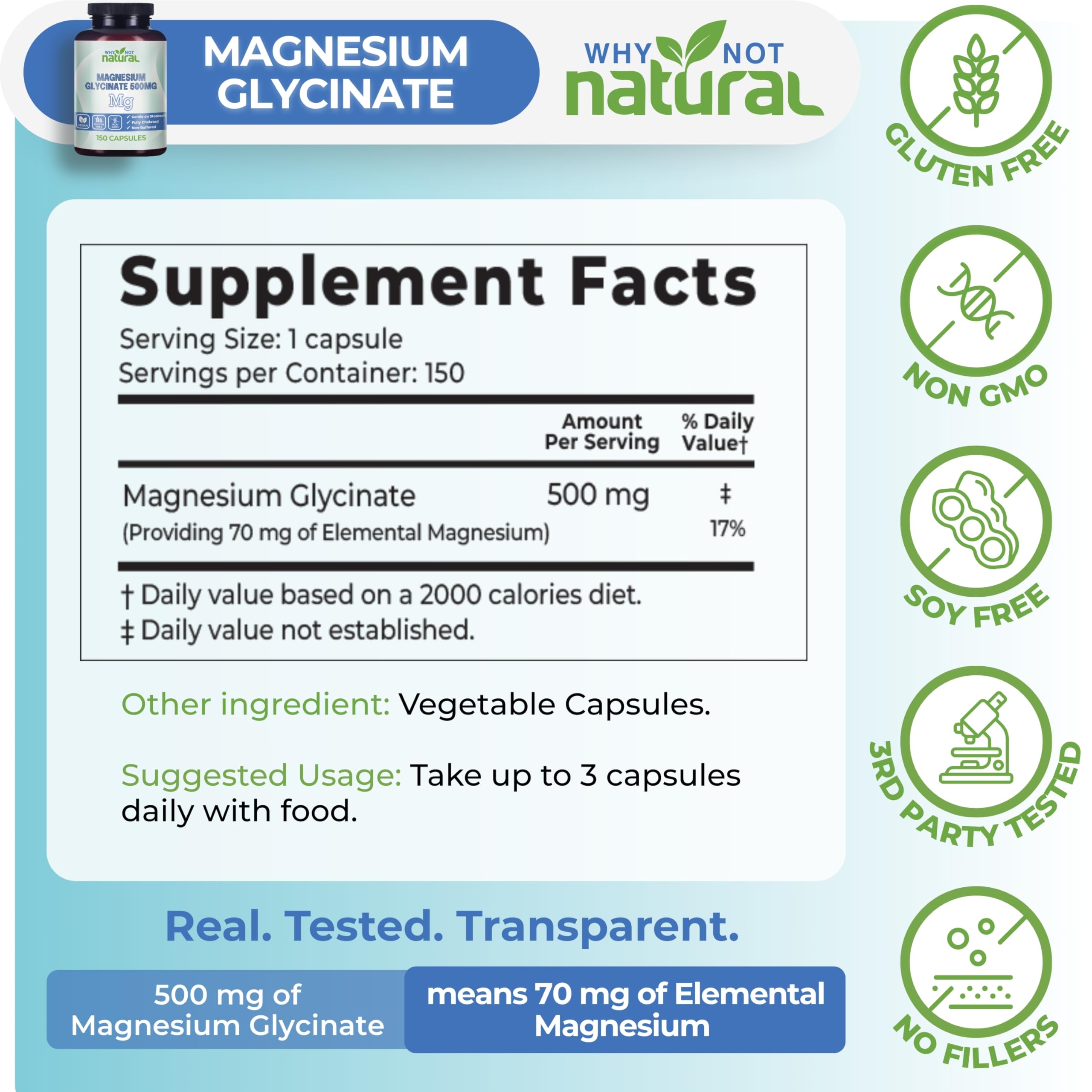 Why Not Natural Magnesium Glycinate 500mg bottle with cap