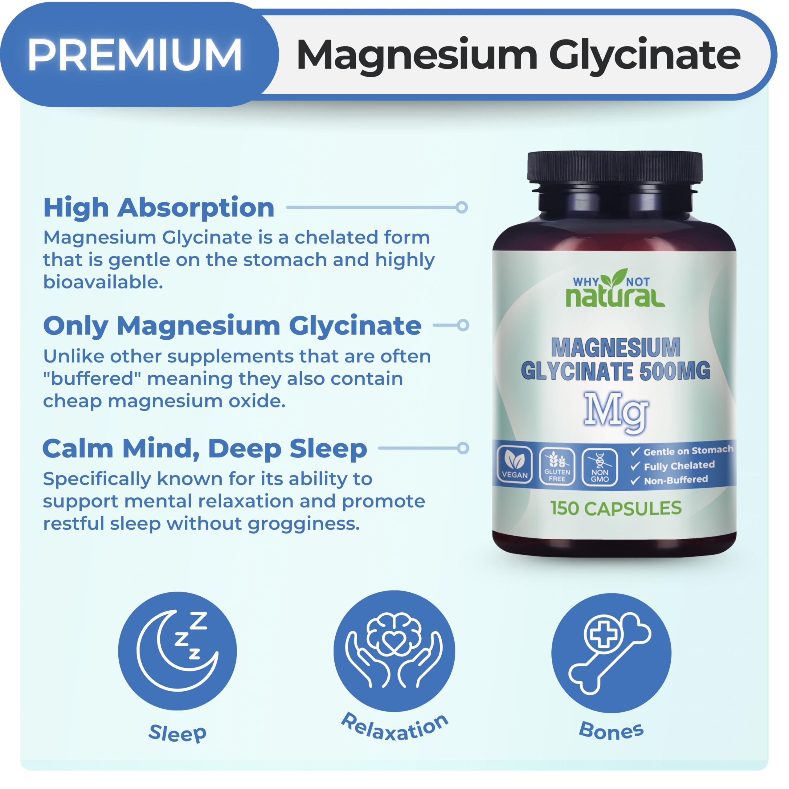 Why Not Natural Magnesium Glycinate 500mg side view with label