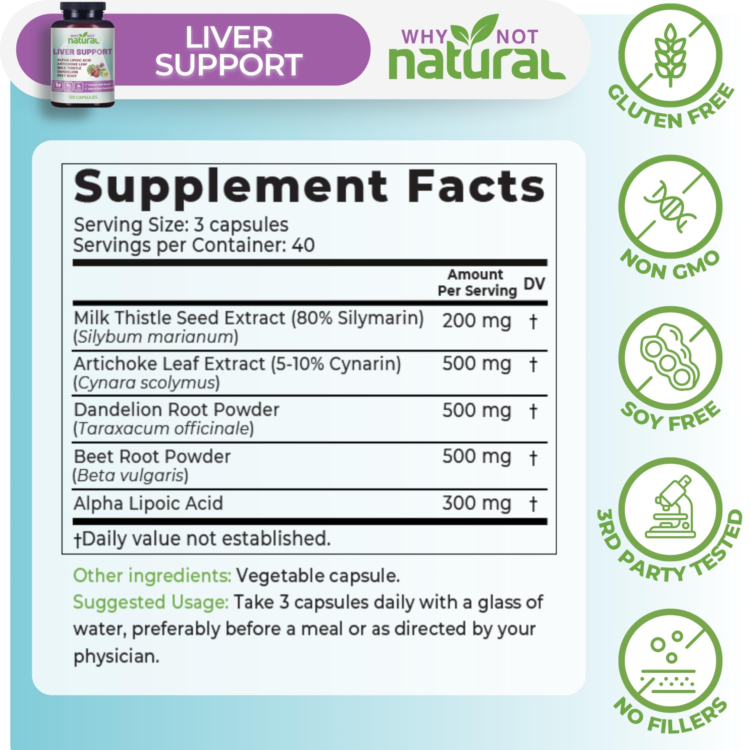 Why Not Natural Milk Thistle Liver Support Complex capsules close-up