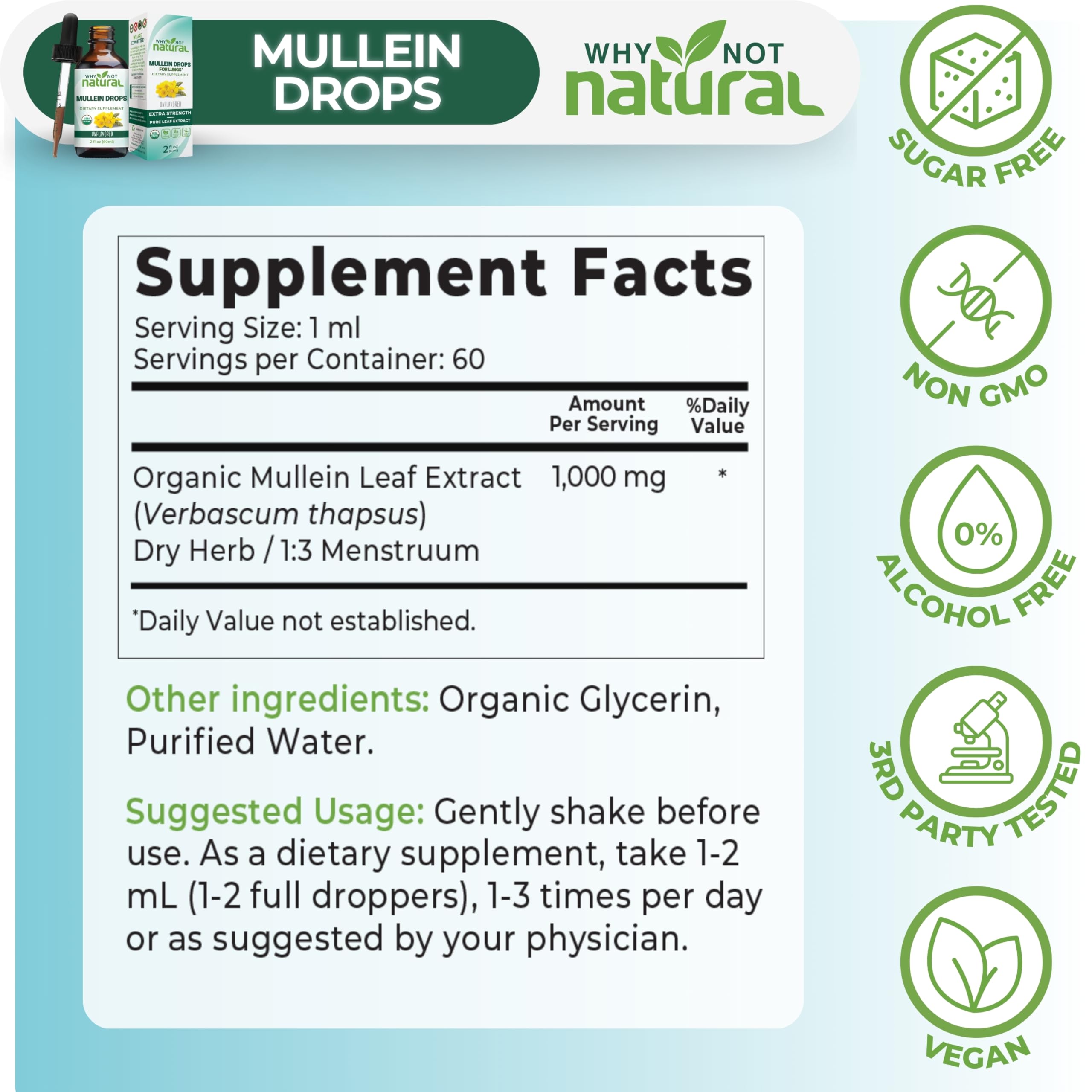 Why Not Natural Mullein Leaf Tincture on a wooden table