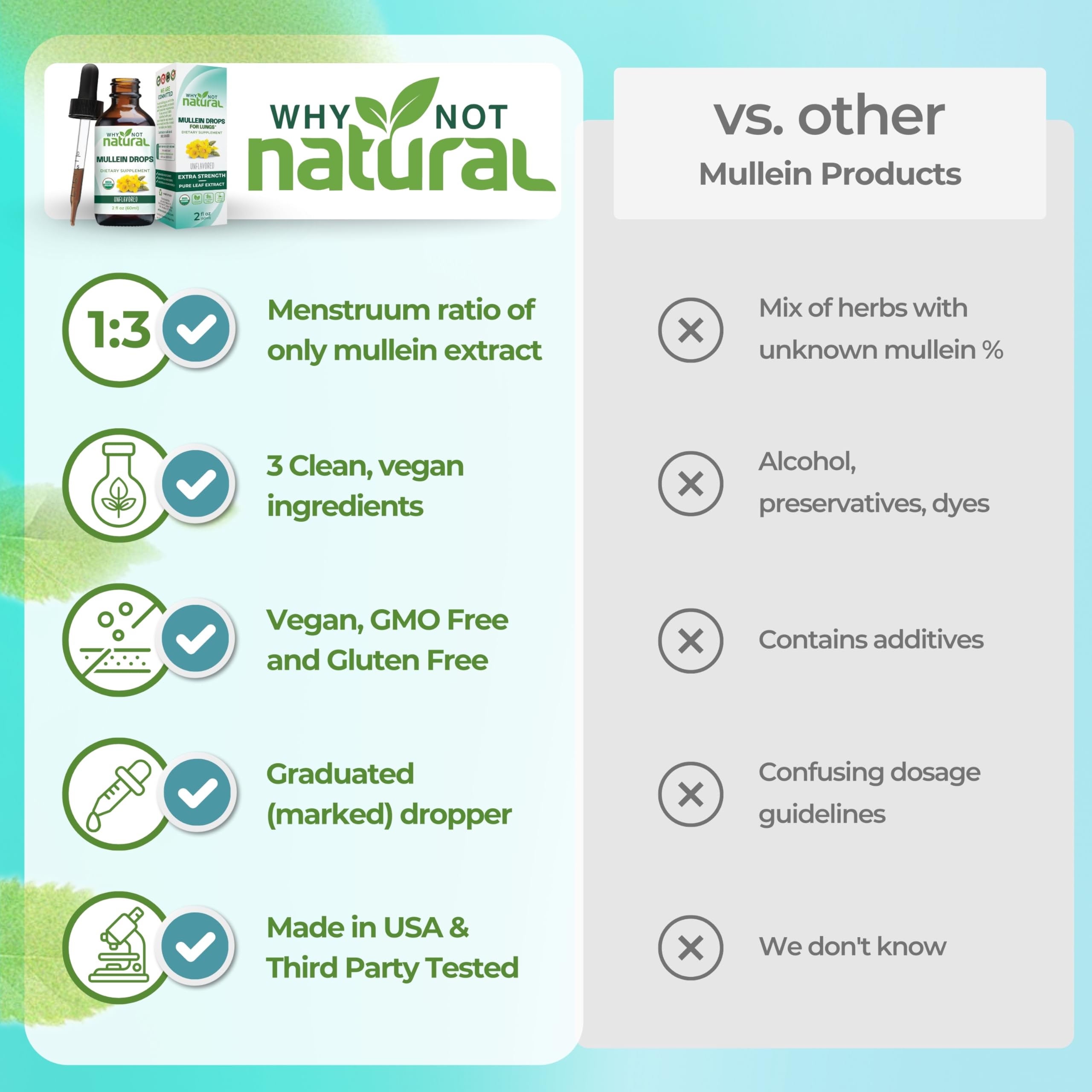 Why Not Natural Mullein Leaf Tincture packaging with ingredients
