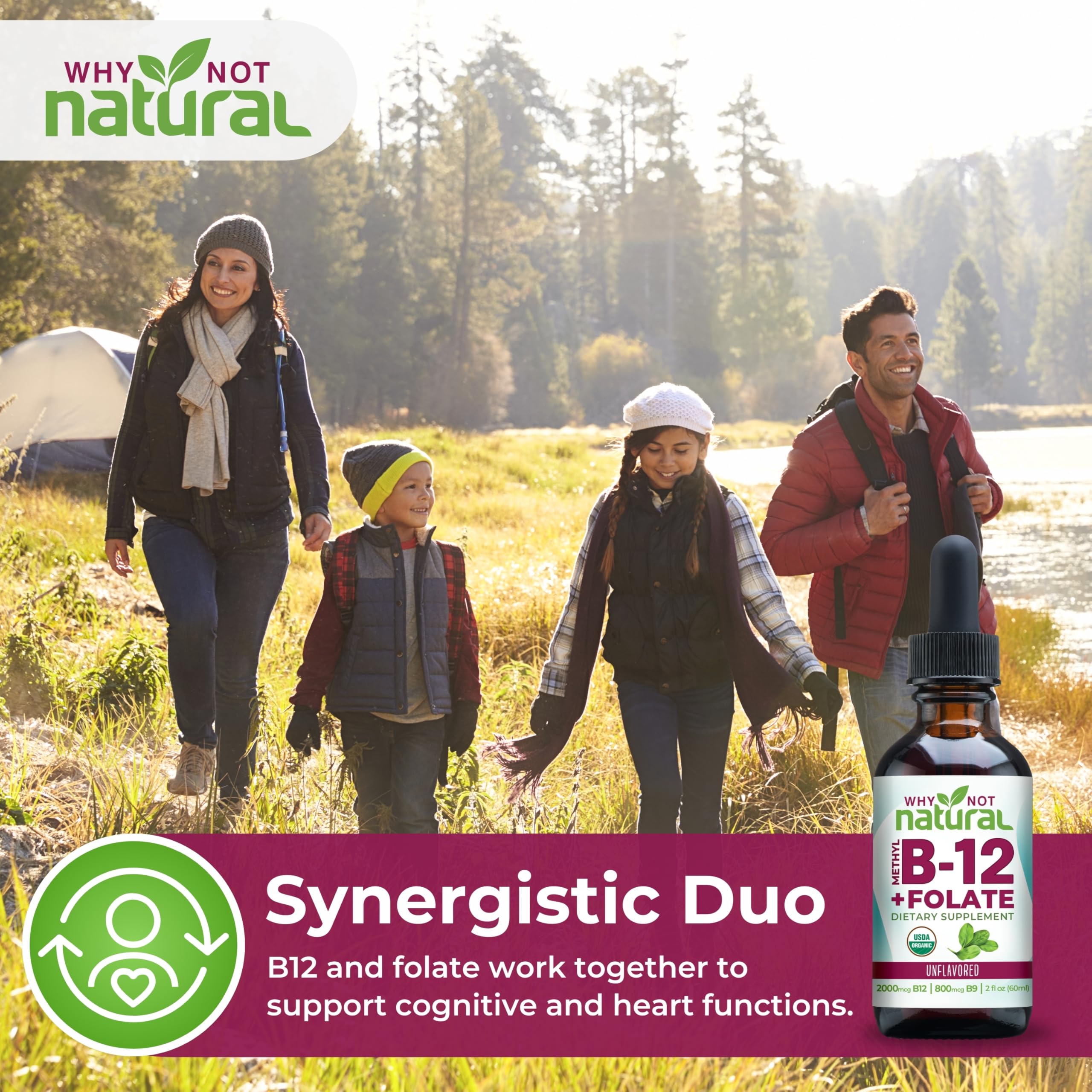 Why Not Natural Vitamin B12 + Folate supplement side view with dosage information