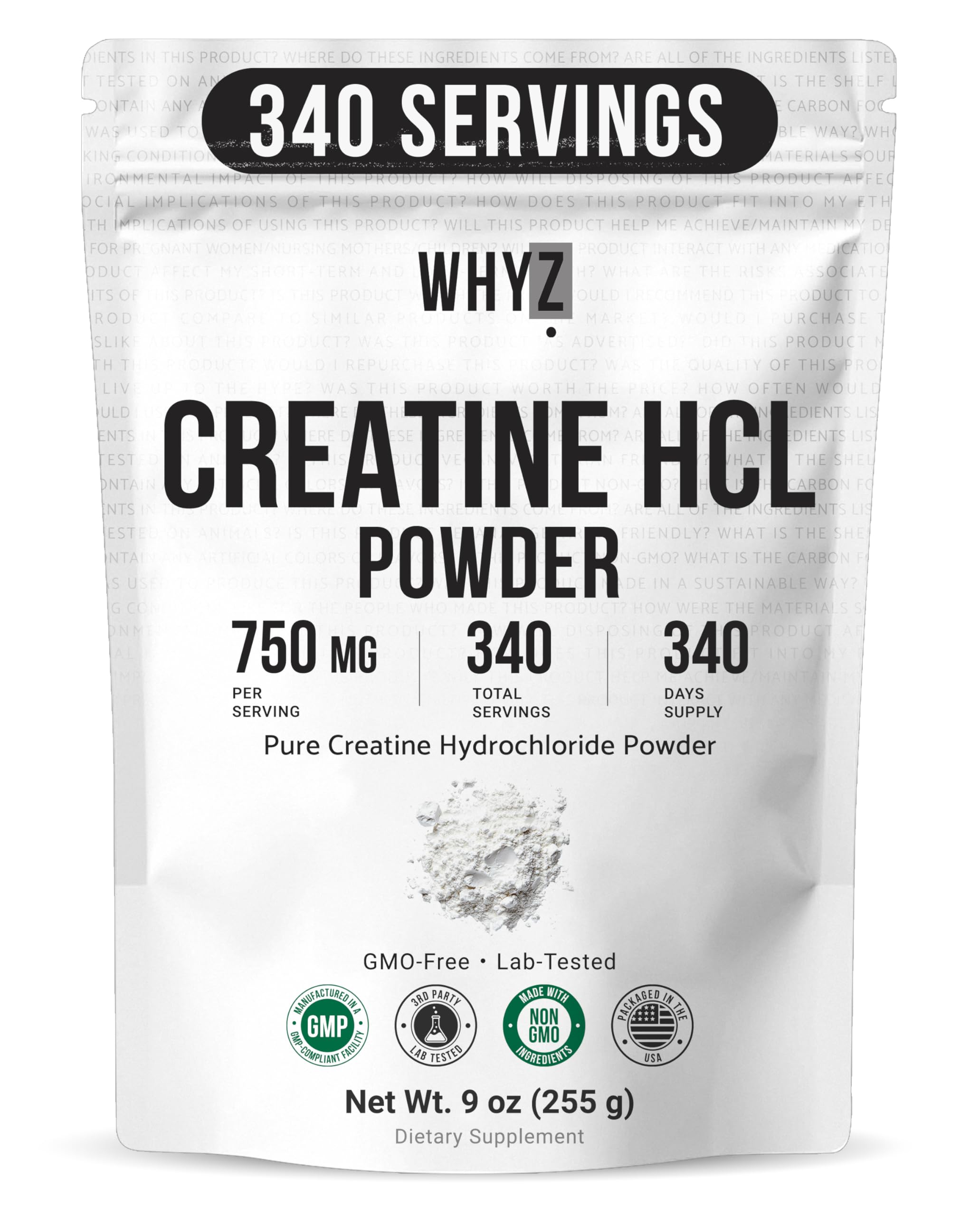 WHYZ Creatine HCl Unflavoured Powder 255g front view