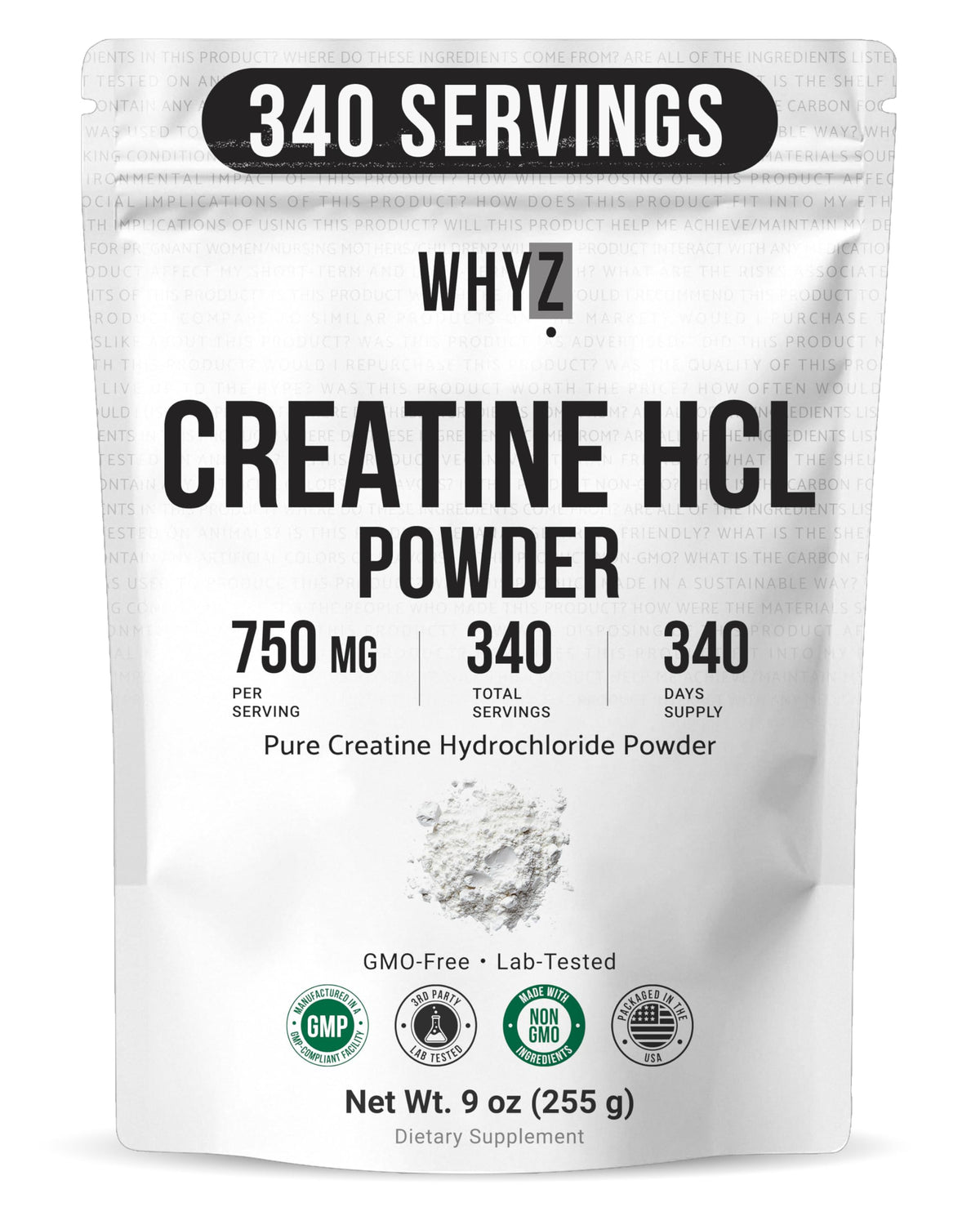 WHYZ Creatine HCl Unflavoured Powder 255g front view