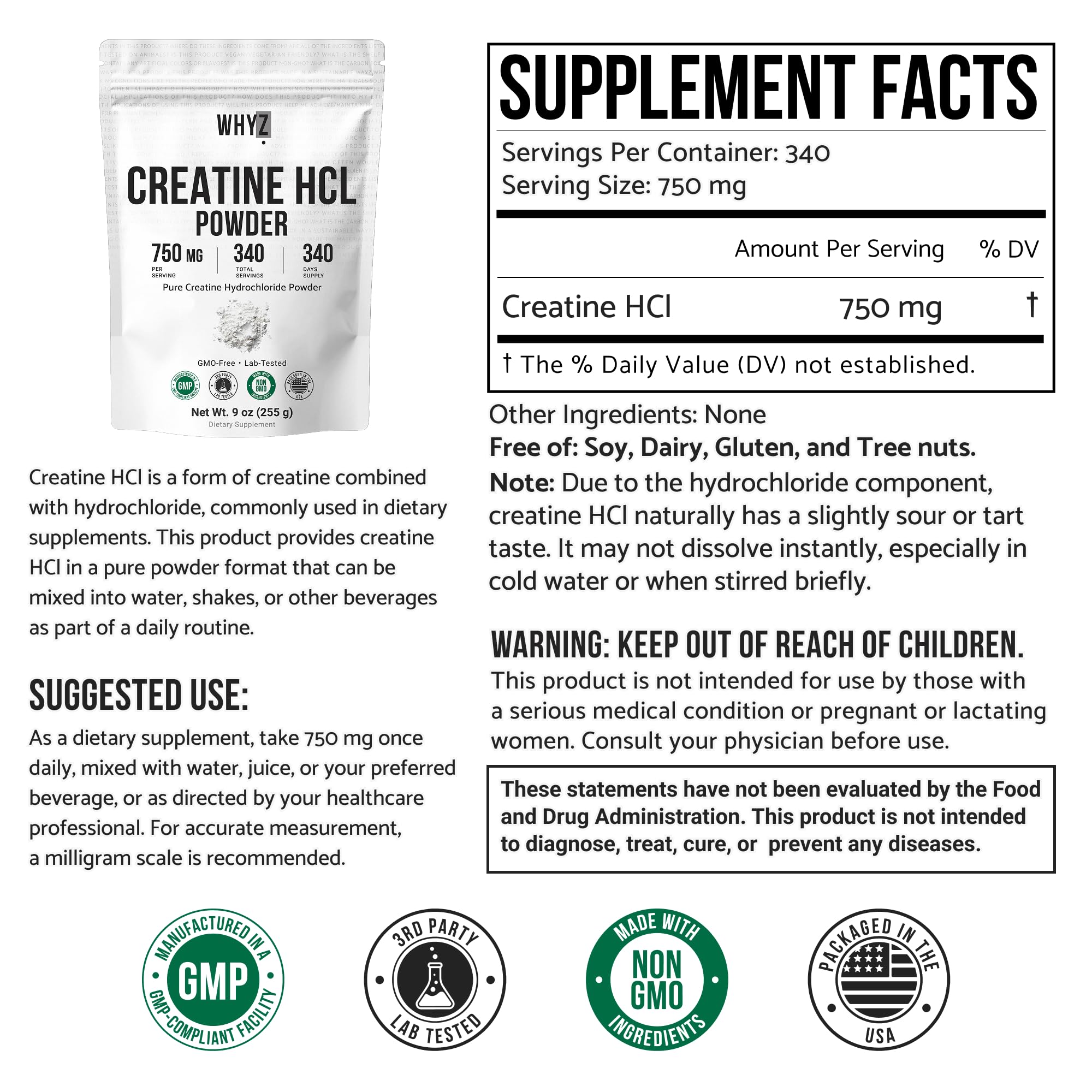 WHYZ Creatine HCl Unflavoured Powder 255g packaging