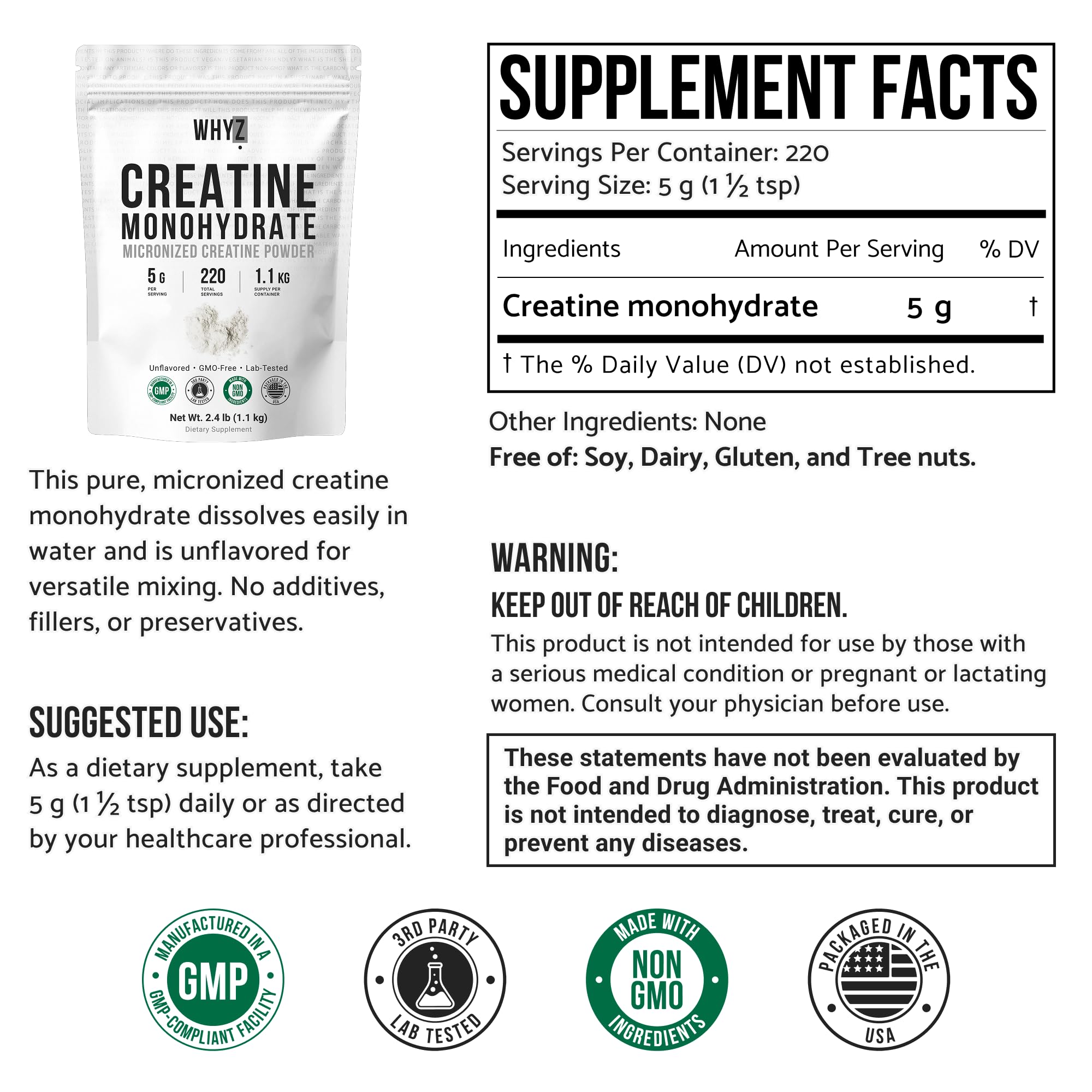 WHYZ Creatine Monohydrate Powder 1089g back view with nutritional information