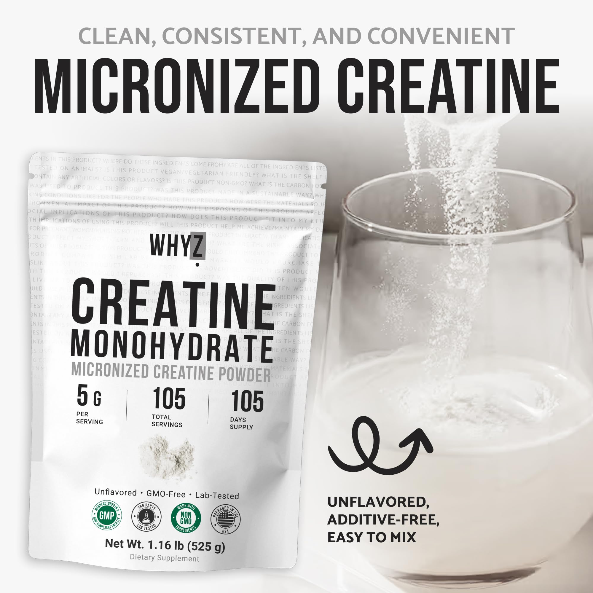 WHYZ Creatine Monohydrate Powder 525g mixed in a glass