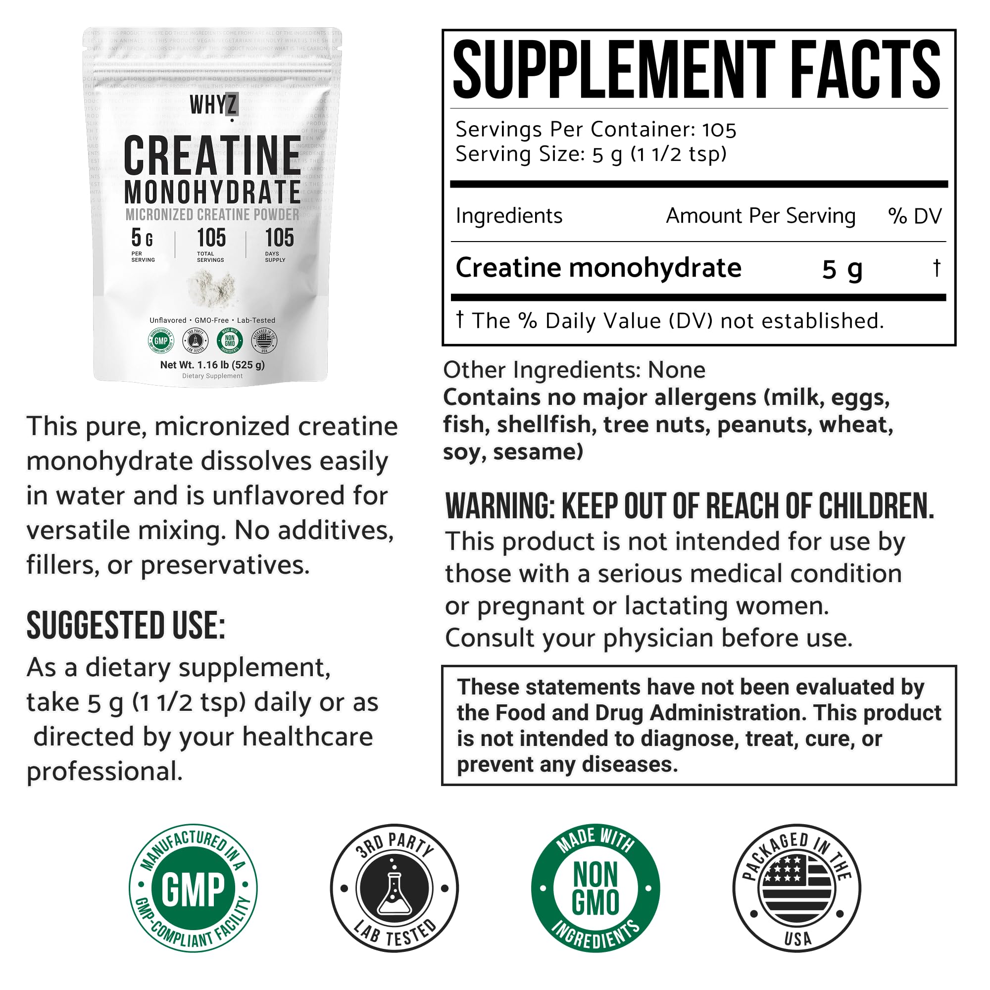 WHYZ Creatine Monohydrate Powder 525g packaging