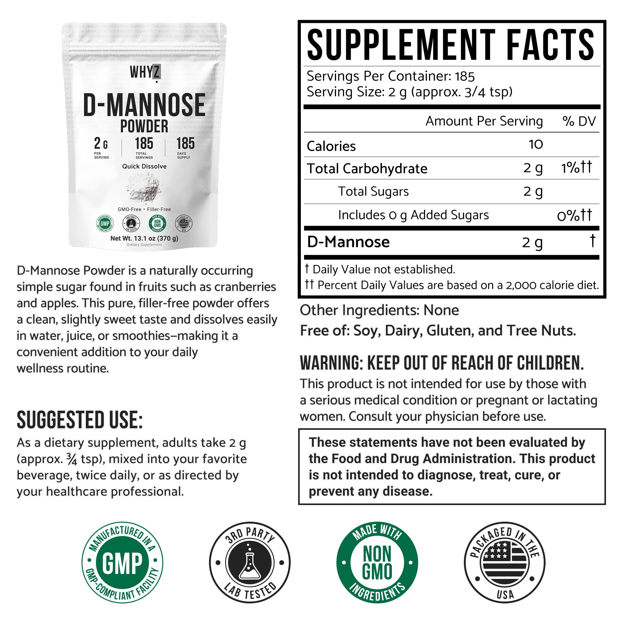 WHYZ D-Mannose Powder 381g back view with nutritional information