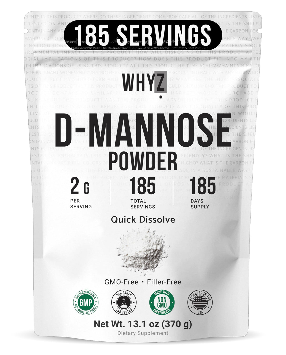 WHYZ D-Mannose Powder 381g front view with packaging
