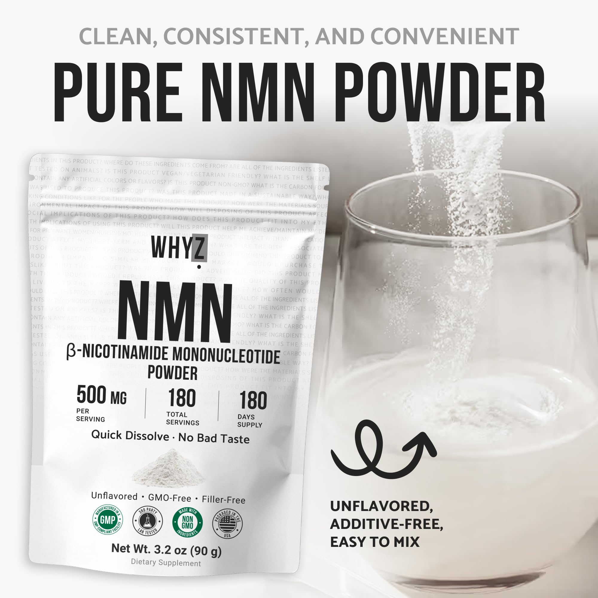 WHYZ NMN Powder in a glass of water