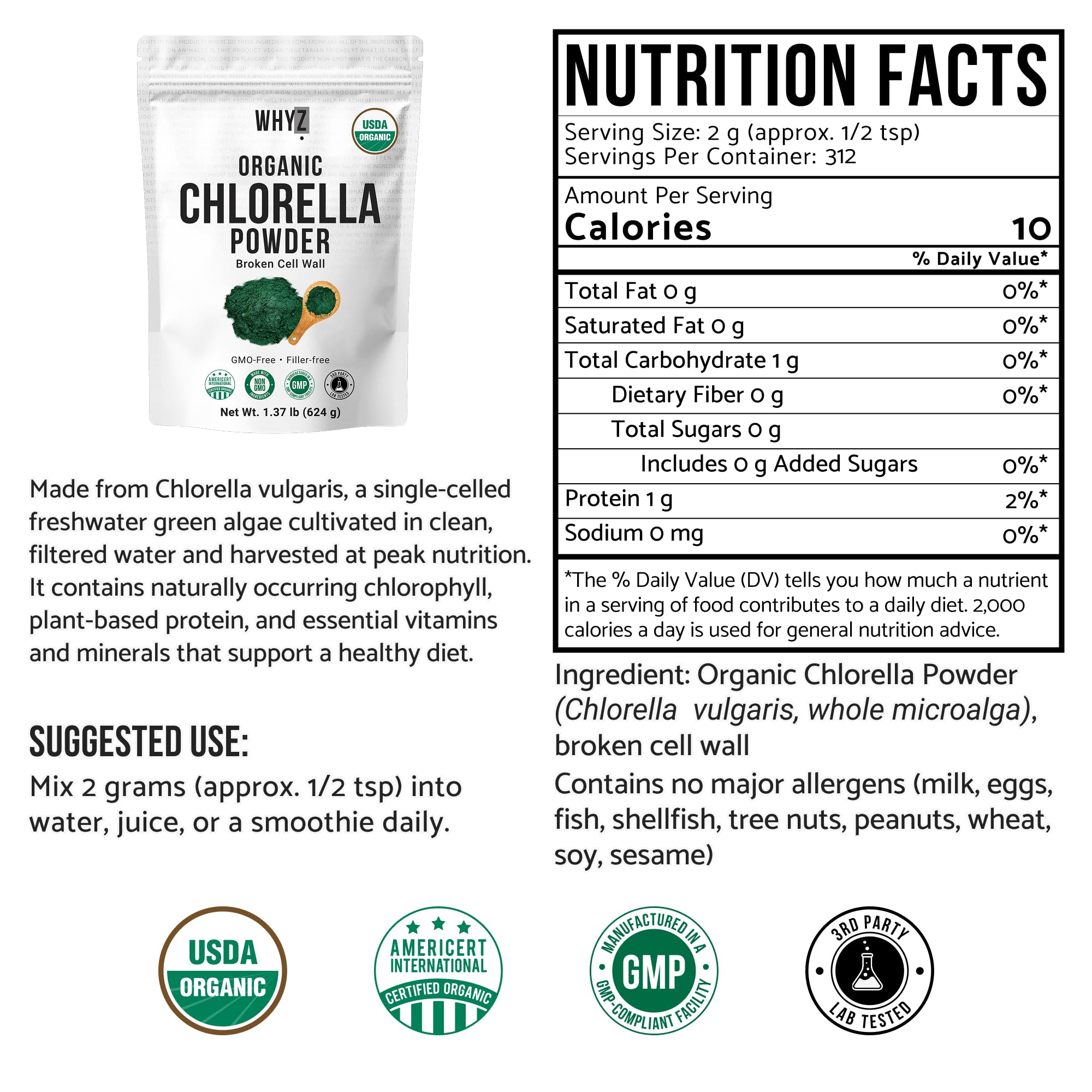 WHYZ Organic Chlorella Powder packaging details