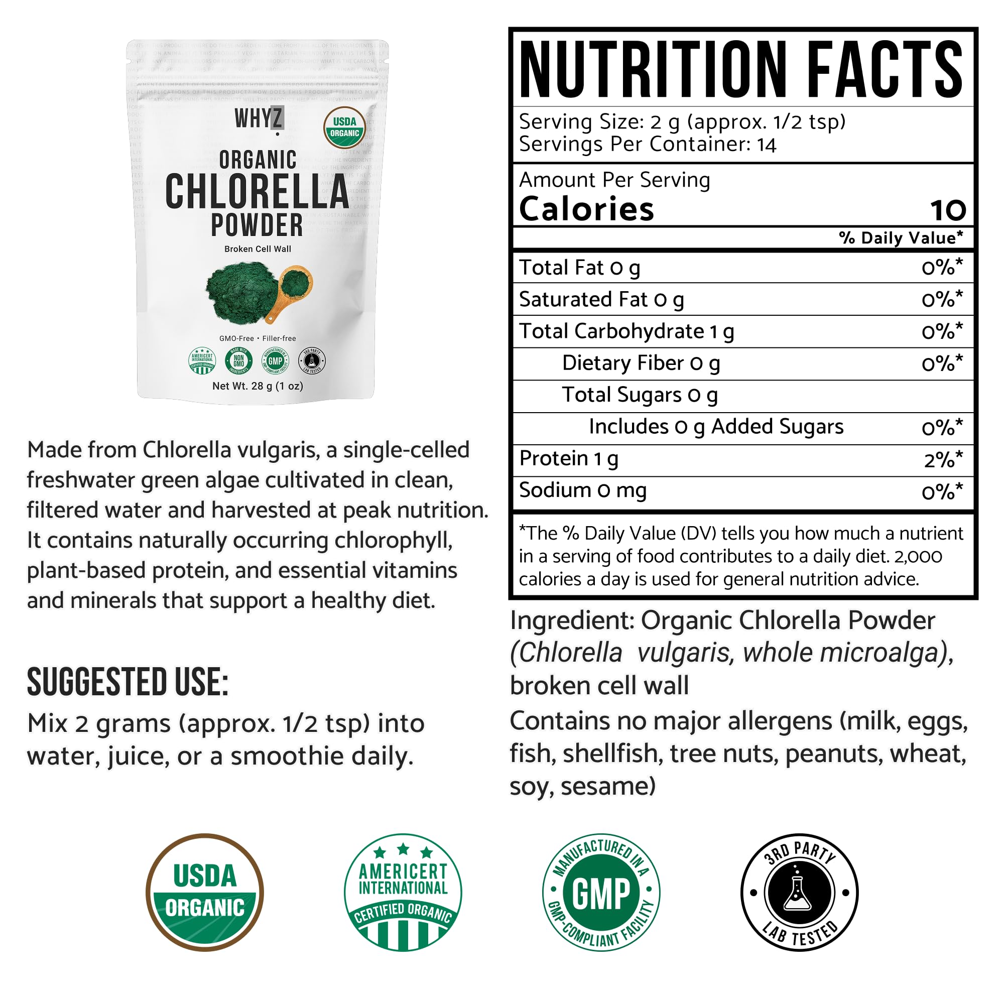 WHYZ Organic Chlorella Powder packaging side view