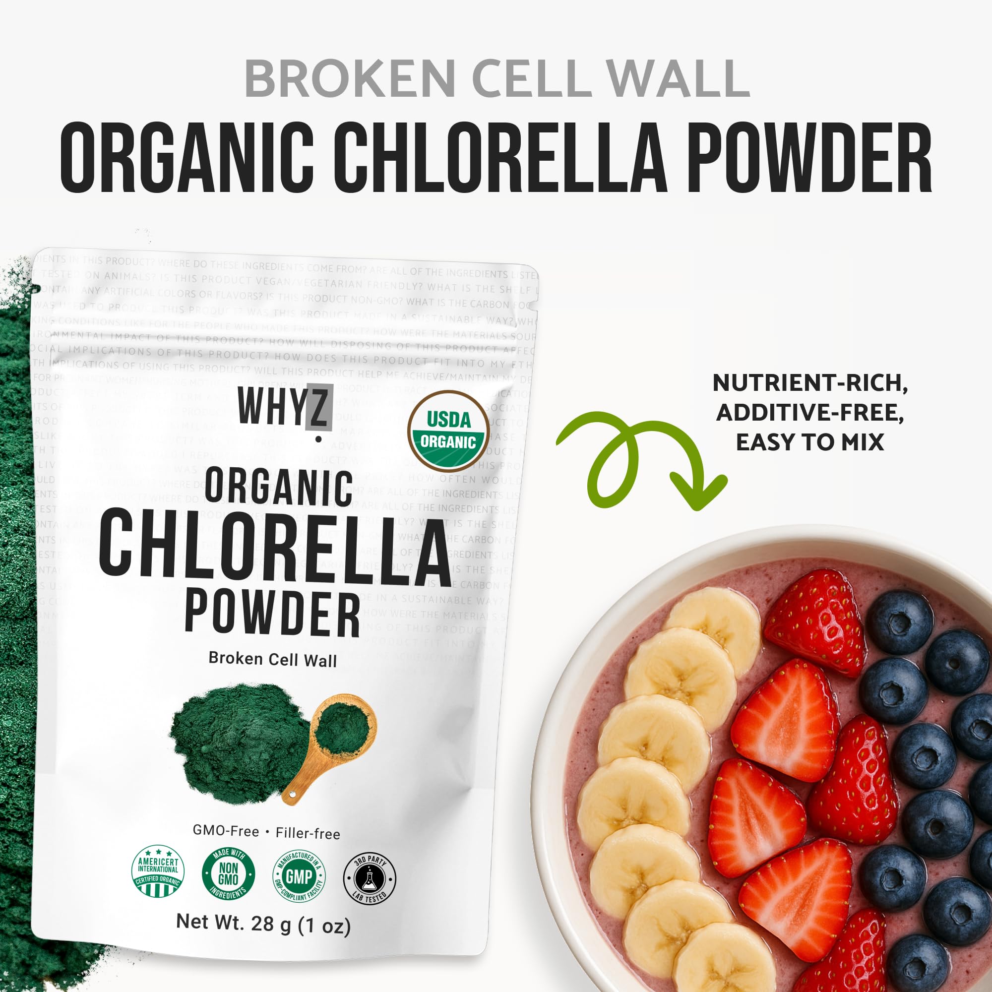 WHYZ Organic Chlorella Powder with measuring spoon