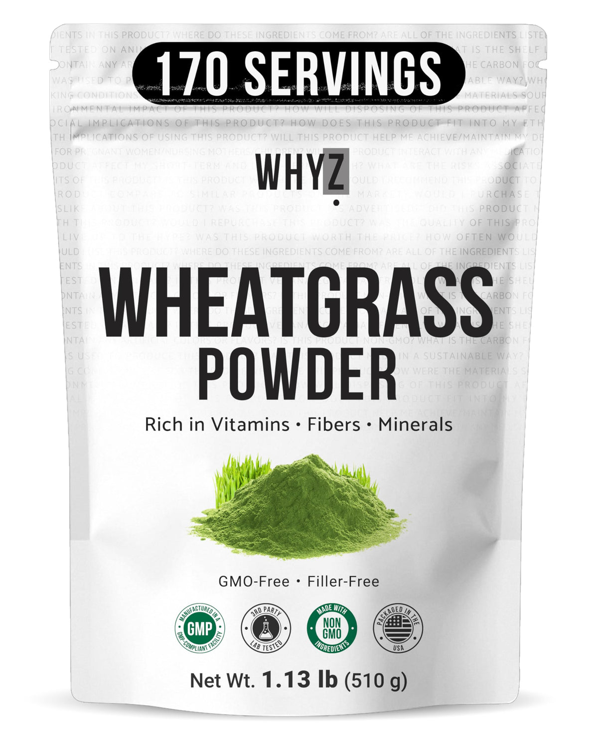 WHYZ Organic Wheat Grass Powder 513g front view