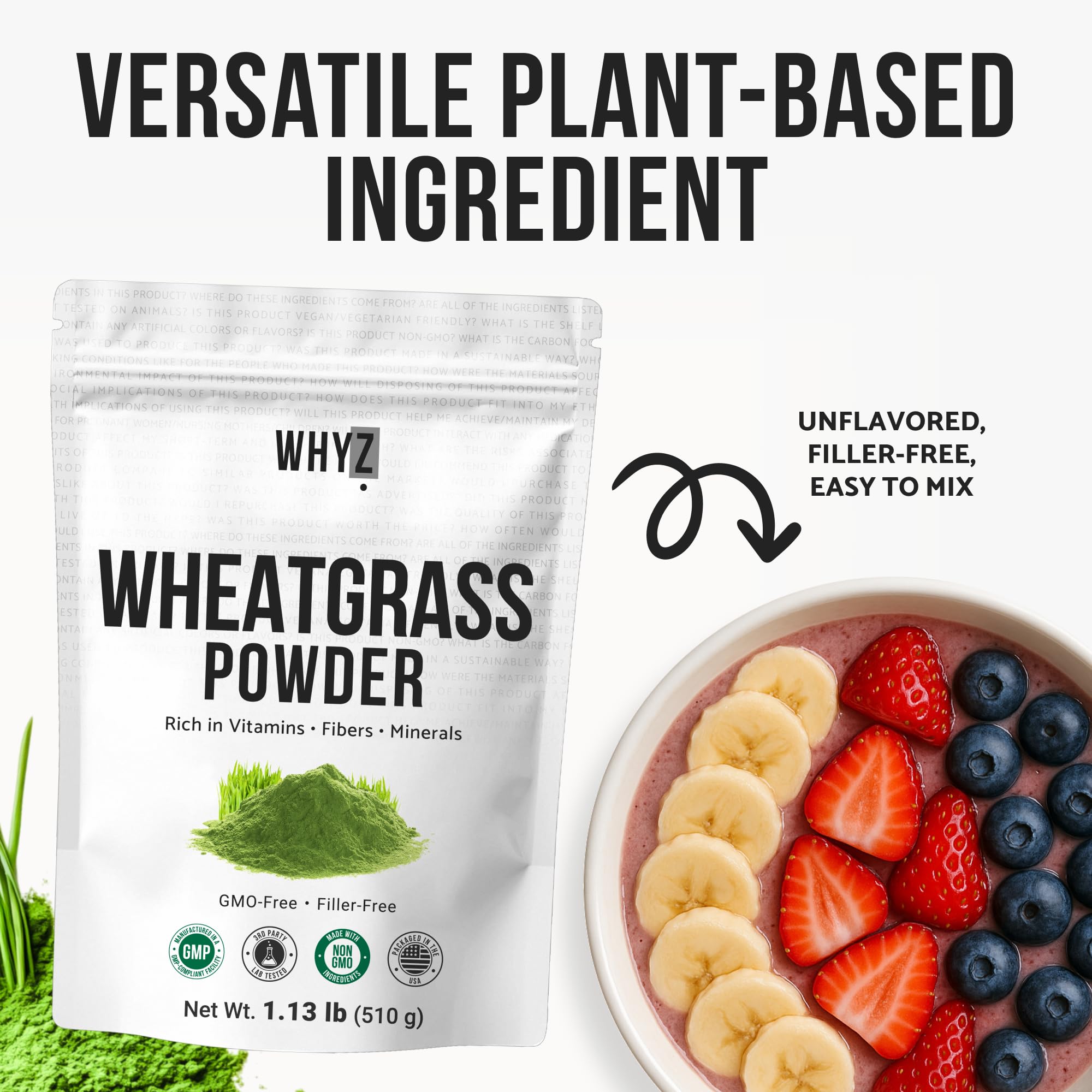 WHYZ Organic Wheat Grass Powder 513g in a bowl