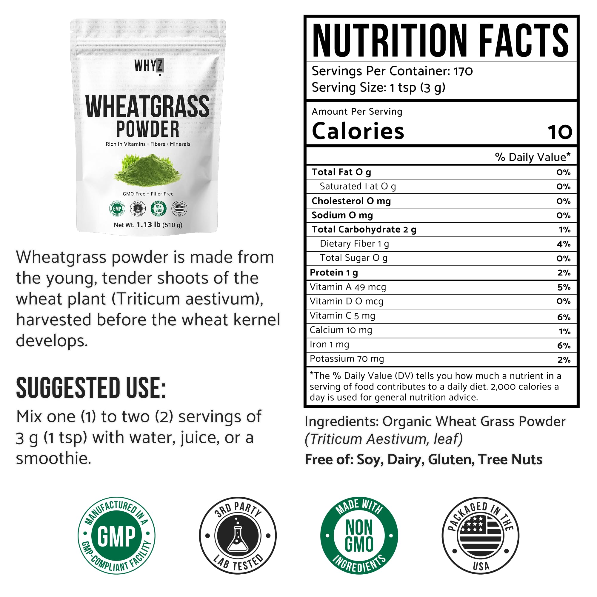 WHYZ Organic Wheat Grass Powder 513g packaging