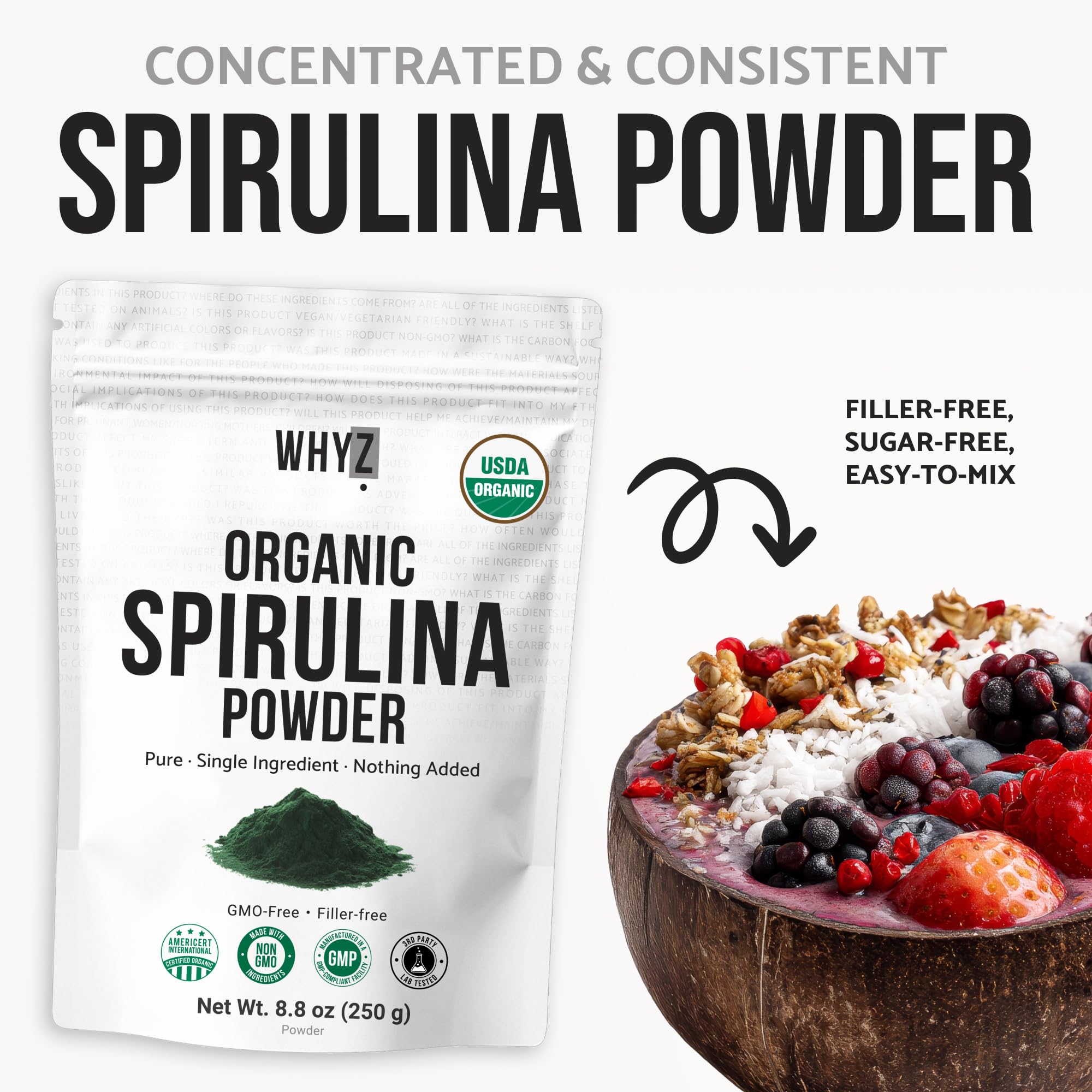 WHYZ Spirulina Organic Superfood Powder 240g in a smoothie