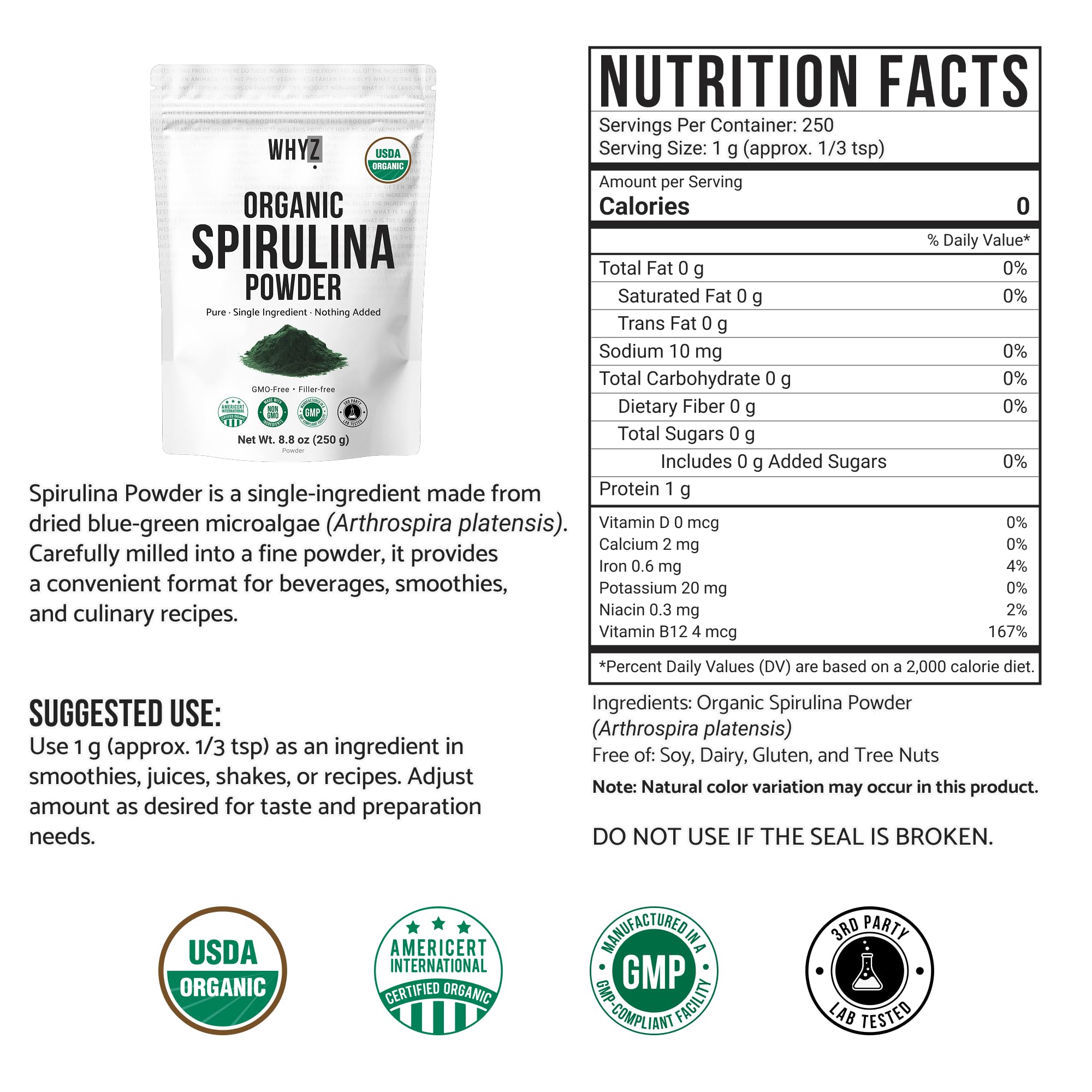 WHYZ Spirulina Organic Superfood Powder 240g packaging
