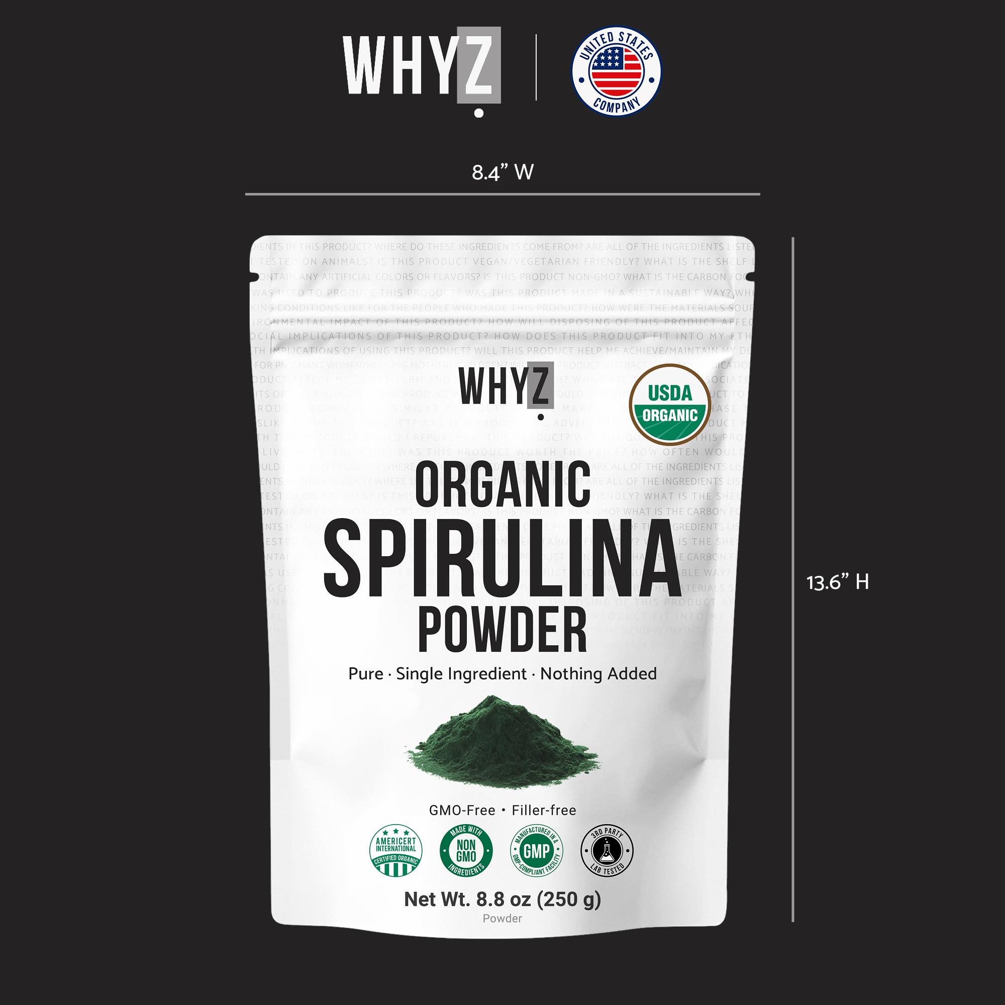 WHYZ Spirulina Organic Superfood Powder 240g serving suggestion