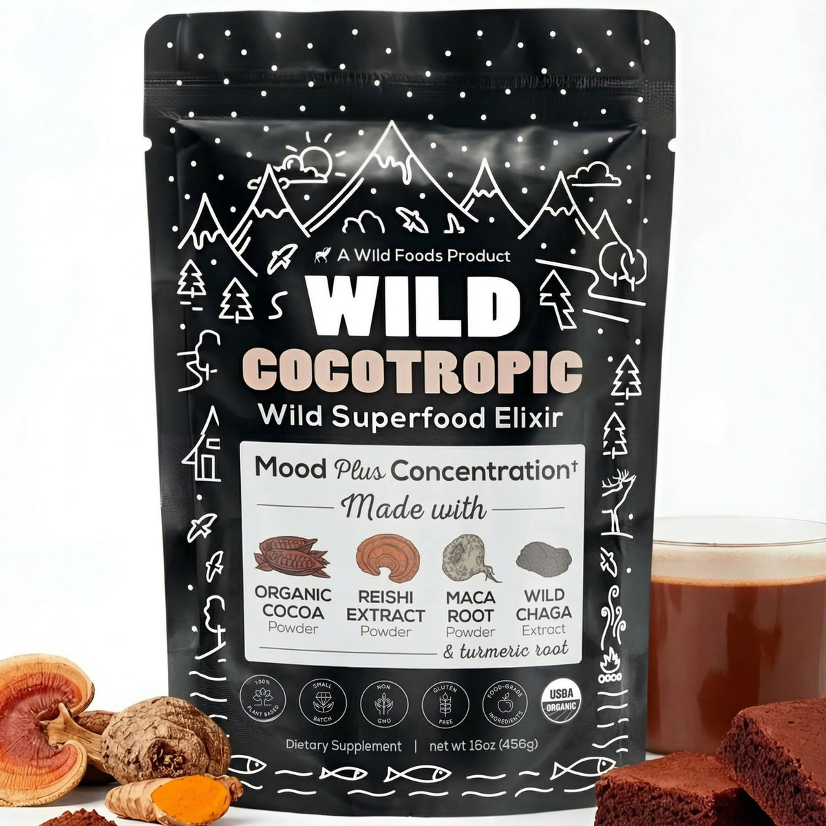 Wild Foods Mushroom Cacao Hot Chocolate 454g front view