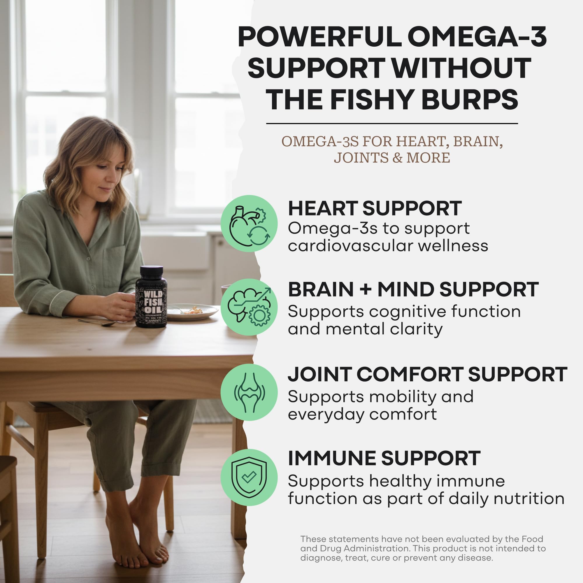 Wild Foods Omega-3 Fish Oil Capsules 1600mg with dosage information
