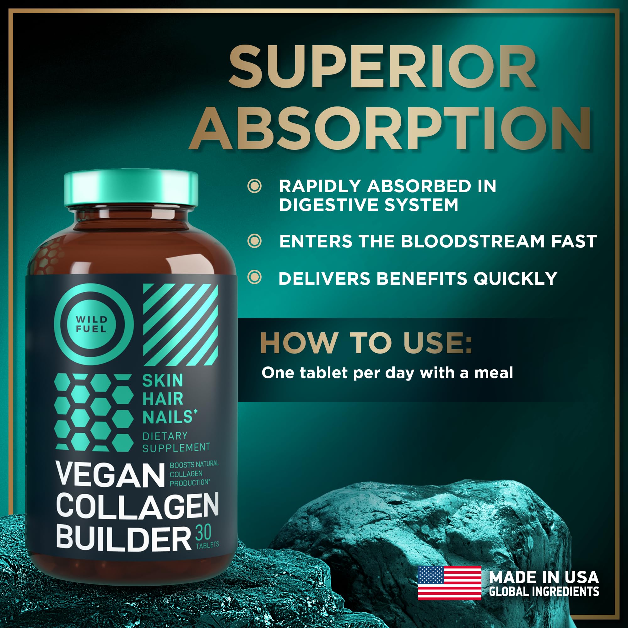 WILD FUEL Collagen Vegan Tablets on a wooden table