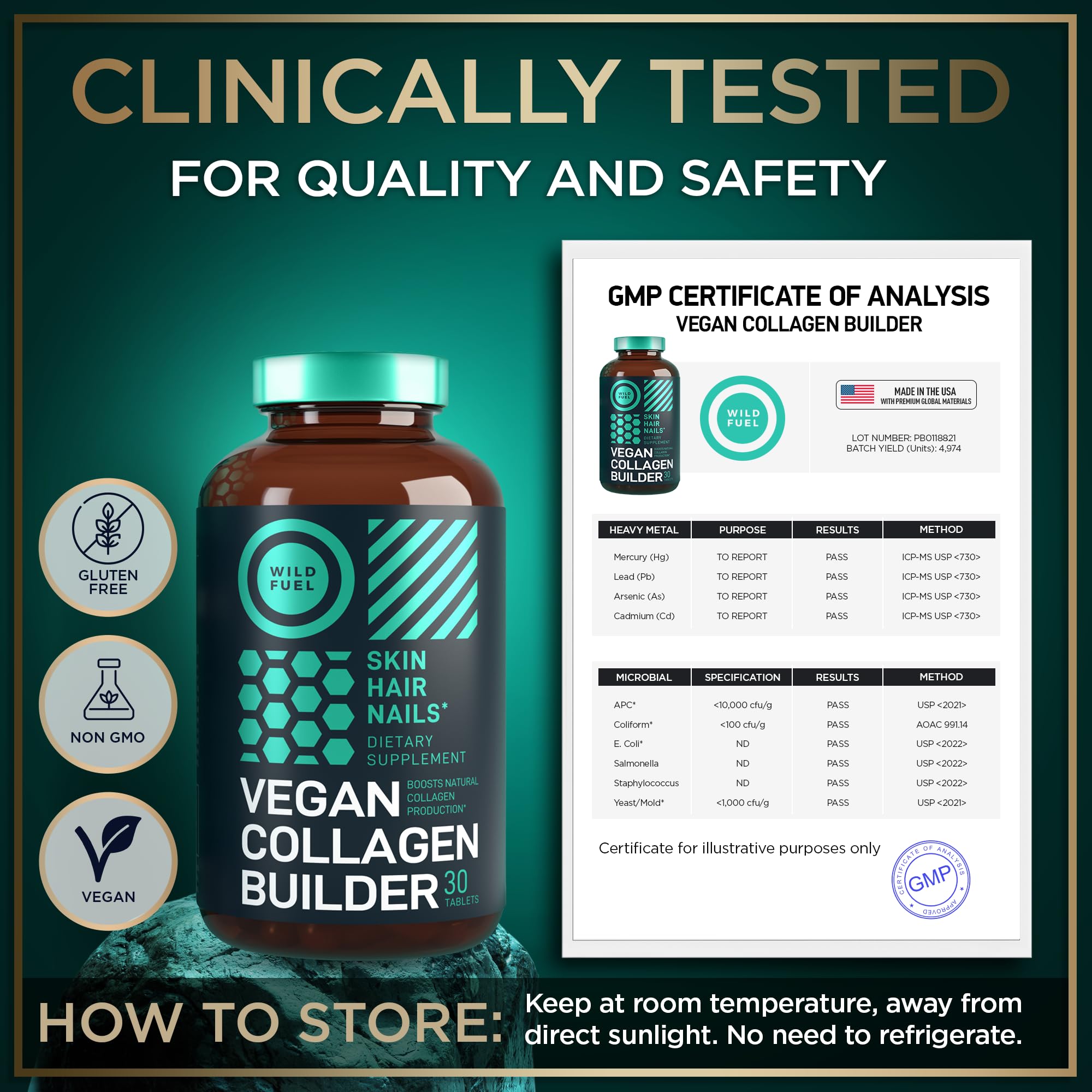 WILD FUEL Collagen Vegan Tablets open bottle showing tablets