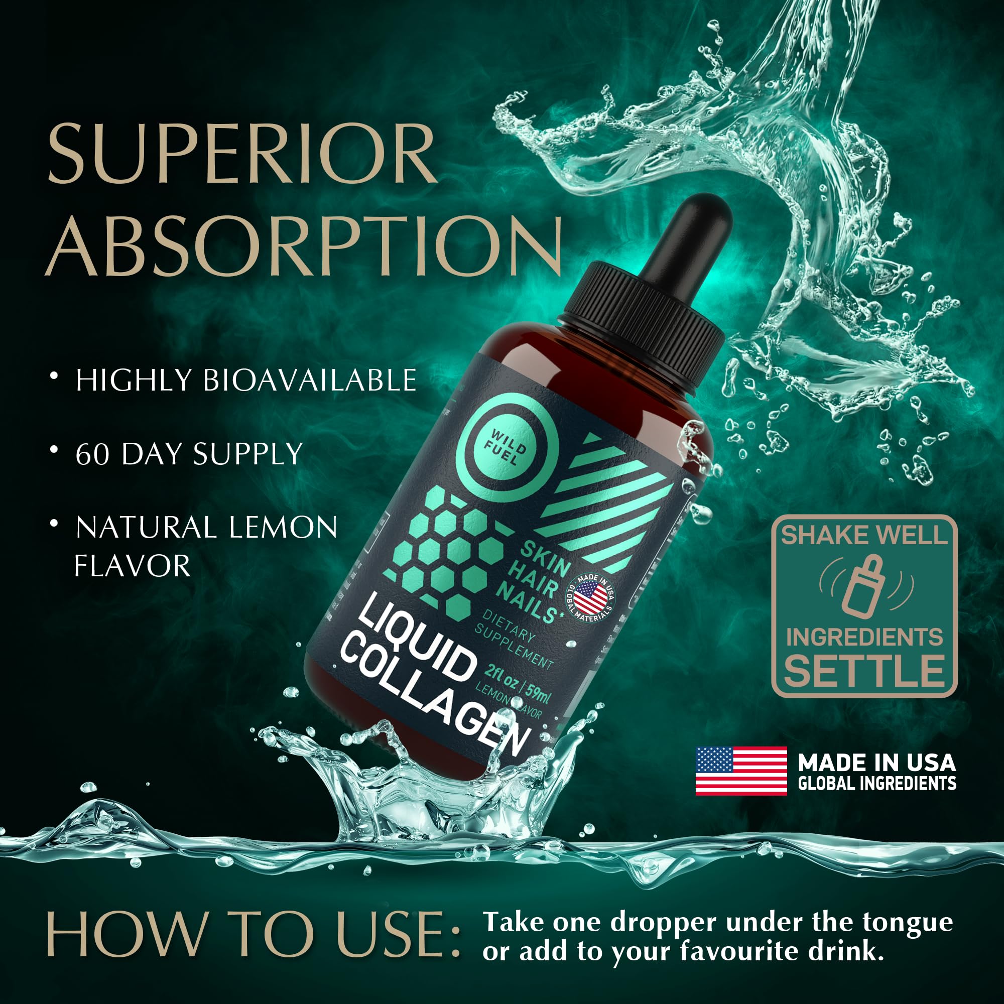 WILD FUEL Liquid Collagen dropper bottle side view